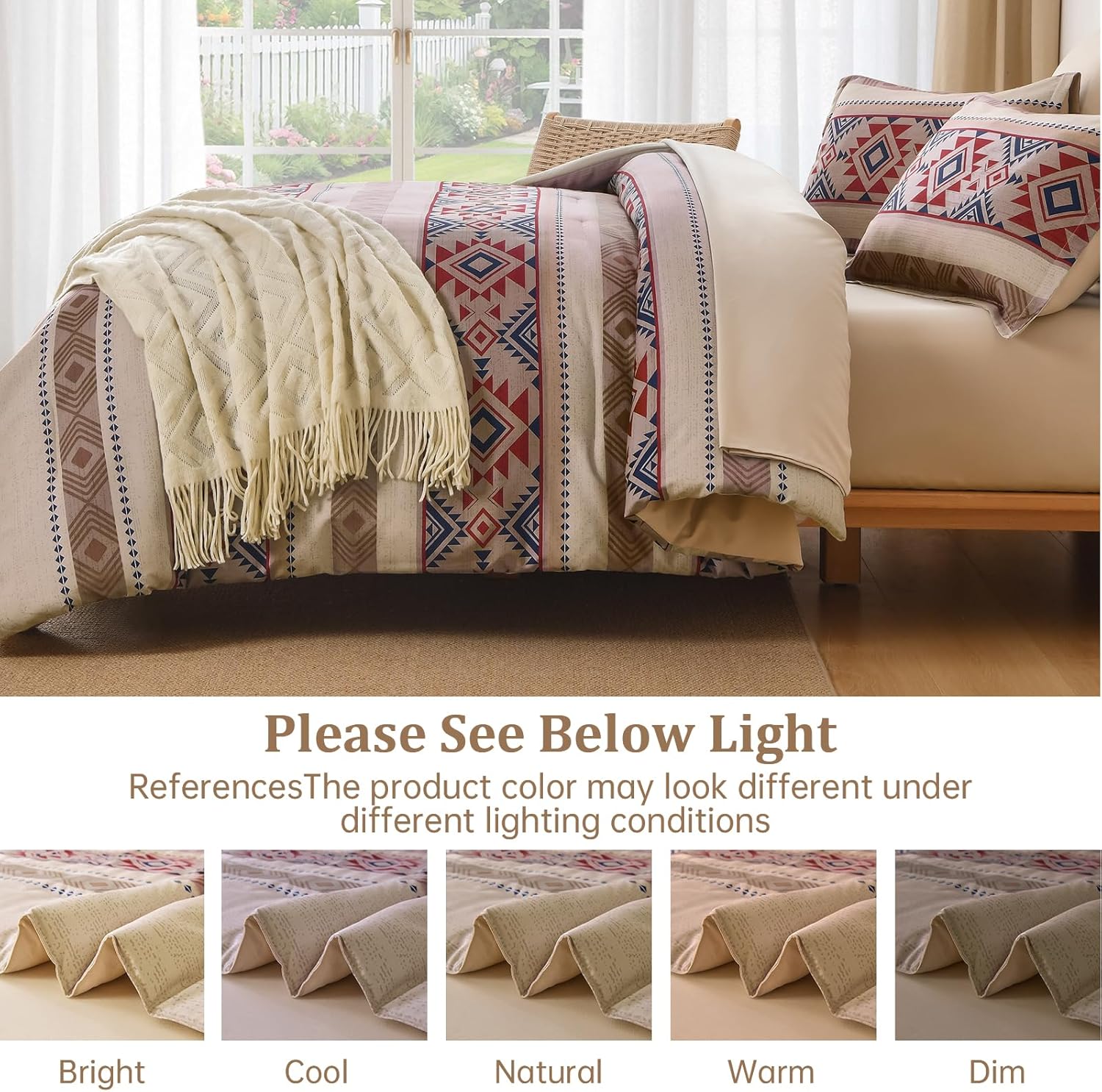 Anibedding King Size Comforter Set 7 Pieces Light Khaki Brown Farmhouse Bedding Comforter Set, Boho Aztec Bed in a Bag Soft Microfiber Bed Set with Sheets, Pillowcases & Shams