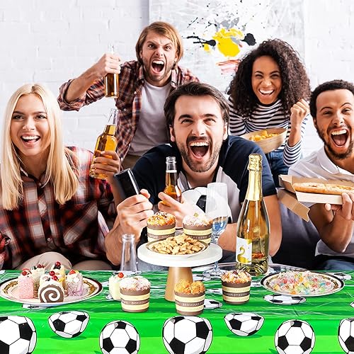 Miniatura 7 de Paquete de 4 manteles para fiestas de cumpleaños con temática de fútbol, manteles de plástico para pelota de fútbol, para decoración de fiestas al