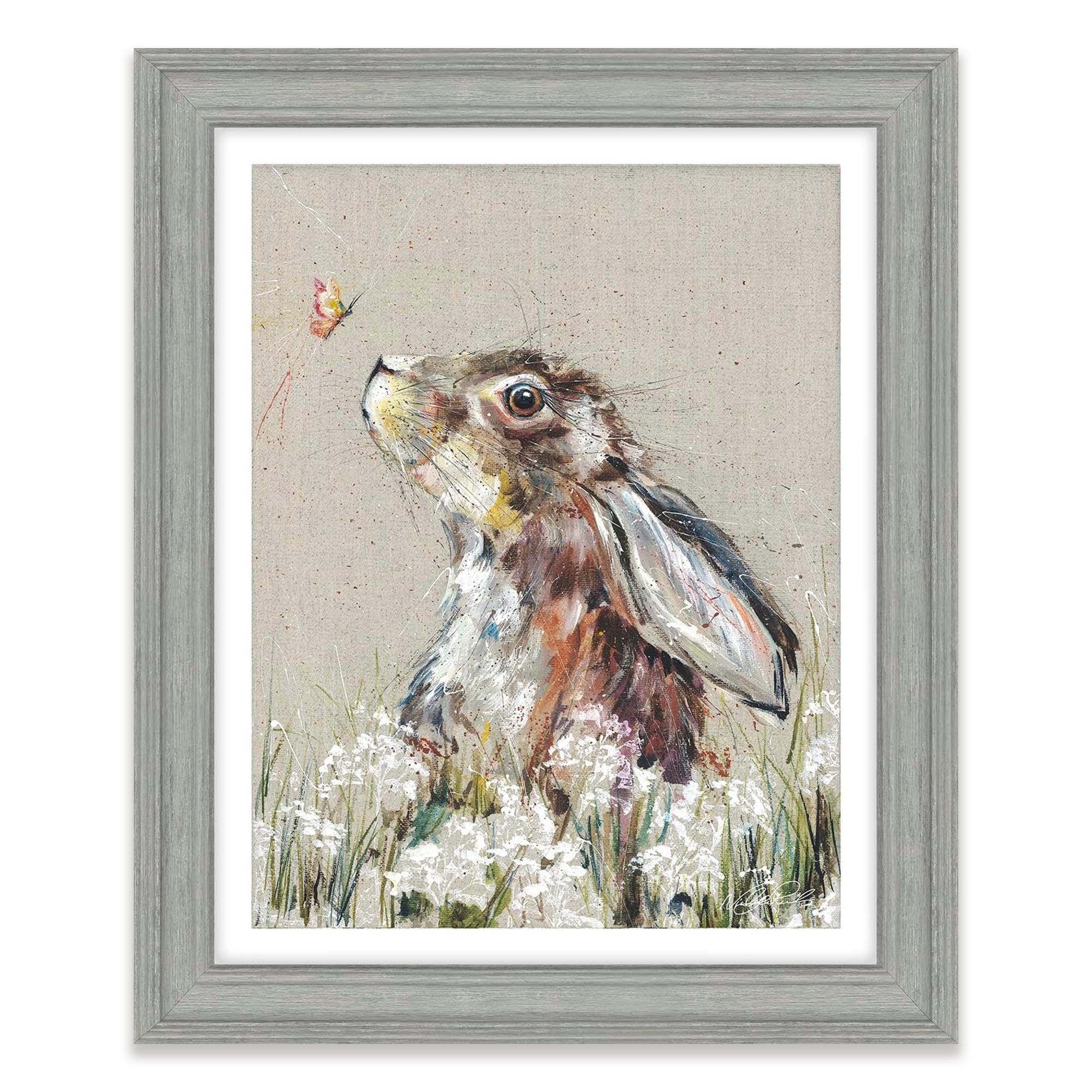 Artko Hare & Wildflowers Framed Print Wall Art - 'Bella' by Nicola Jane Rowles - Contemporary Wildlife Picture - Ready to Hang Home Décor - 35cm x 29cm
