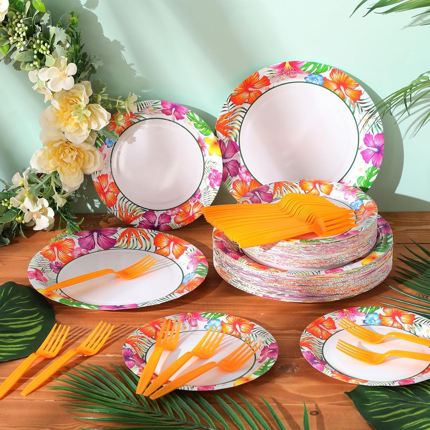 180 Pcs Summer Hawaii Paper Plates and Forks Beach Party Supplies 9'' Disposable Plates 7'' Paper Snack Plates Plastic Forks for Kids Birthday Hawaiian Beach Party Decorations, Serves 60