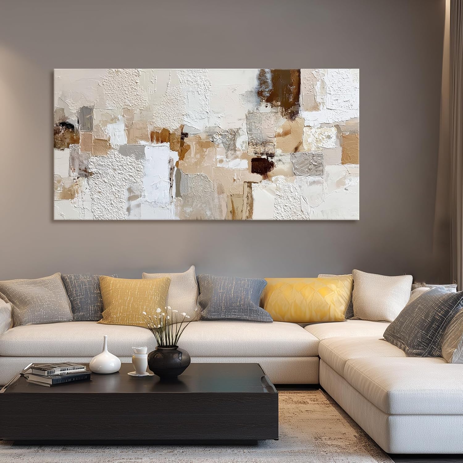 Azatyam Neutral Abstract Wall Art for Living Room Decor Modern Brown Minimalist Canvas Prints Artwork Picture Cream White Gray Brush Stroke Painting for Bedroom Dining Room Office Decor 28" x 58"