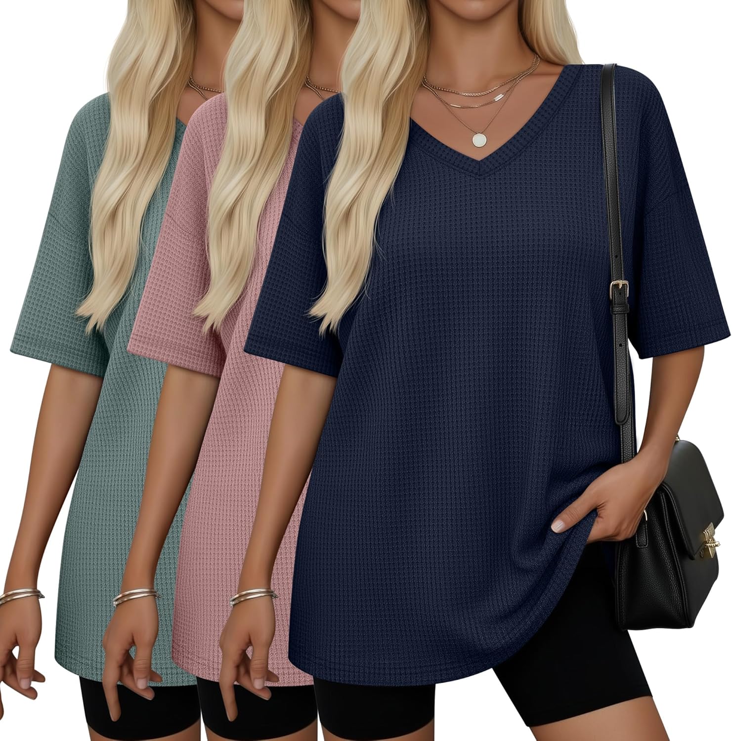 3 Pack Women Oversized T Shirts Waffle V Neck Half Sleeve Loose Fit Tees Summer Lounging Baggy Tops for Home