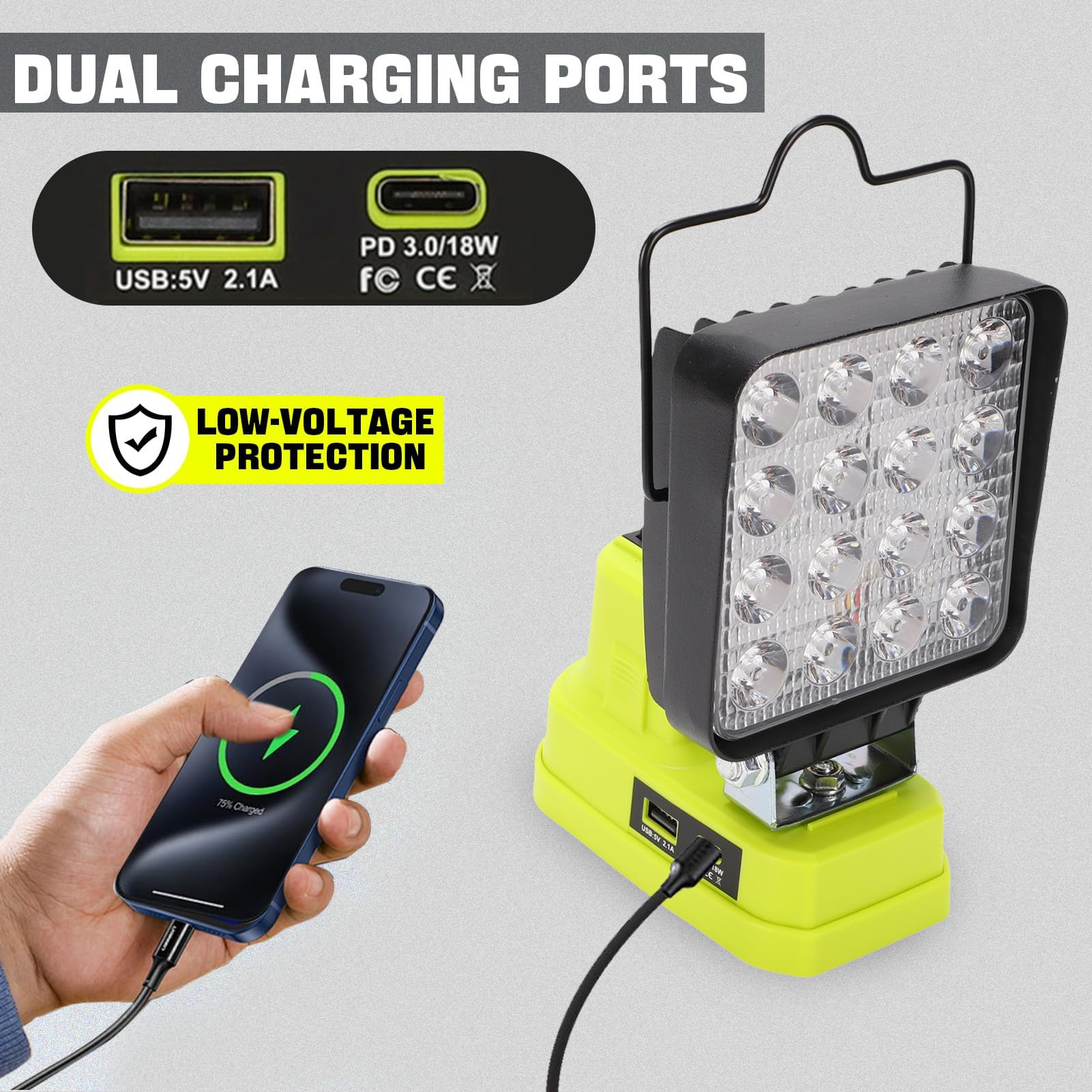 LED-Arbeitsleuchte, 6000 Lm, 38 W, Tragbare Arbeitsleuchte, Einstellbare Helligkeit, Wiederaufladbare mit USB-A-, USB-C-Anschlüssen für Werkstatt, Garage