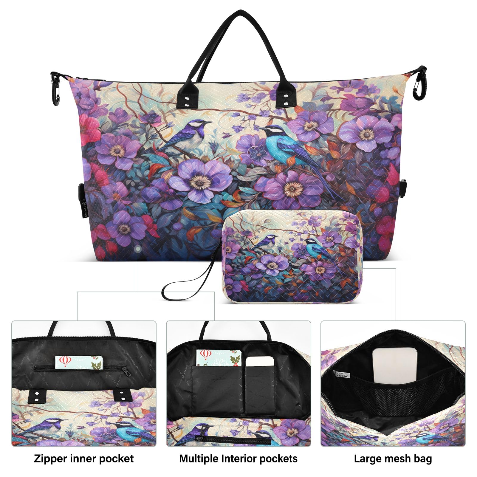 Green Fire Dragon Reisetasche, Reisetasche, Fitnessstudio, Yoga, Handgepäcktasche für Männer und Frauen, Wochenendtasche, Vögel unter der Blume, Einheitsgröße