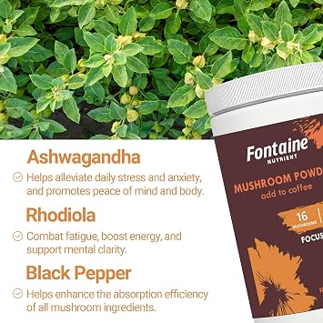 Mushroom Coffee with 16 Natural Mushrooms, 1730mg Functional Mushrooms Complex for Immunity, Focus, Nootropic, Mood & Energy, Premium Mushroom Supplement, 90 Days Supply
