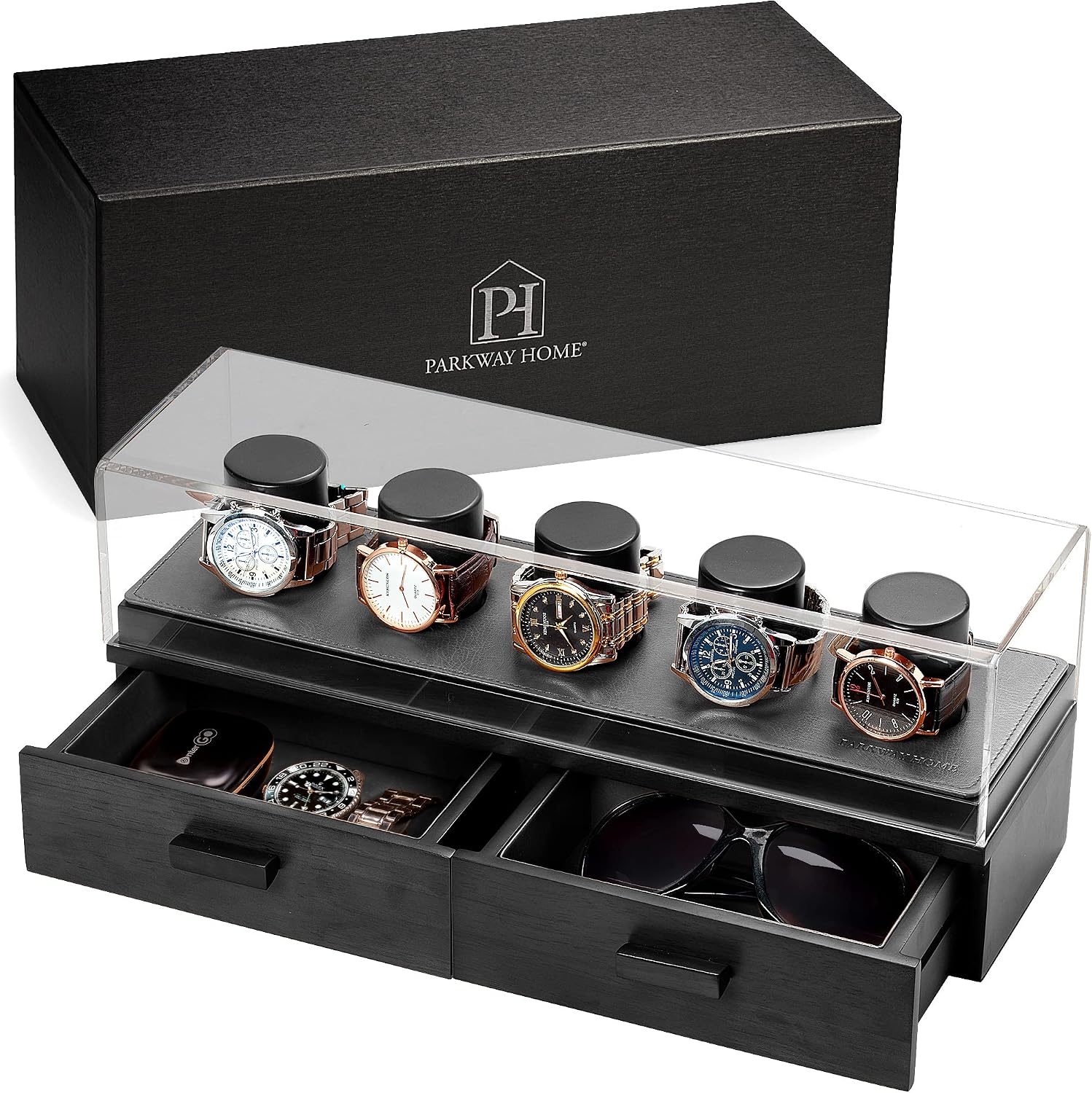 Black Solid Oak Watch Box Organizer for Men & Women - Lined with Luxe Vegan Leather for Watches and Drawers, Provides Clear Acrylic Watch Display Case for up to 5 Watches, Storage For Everyday Items