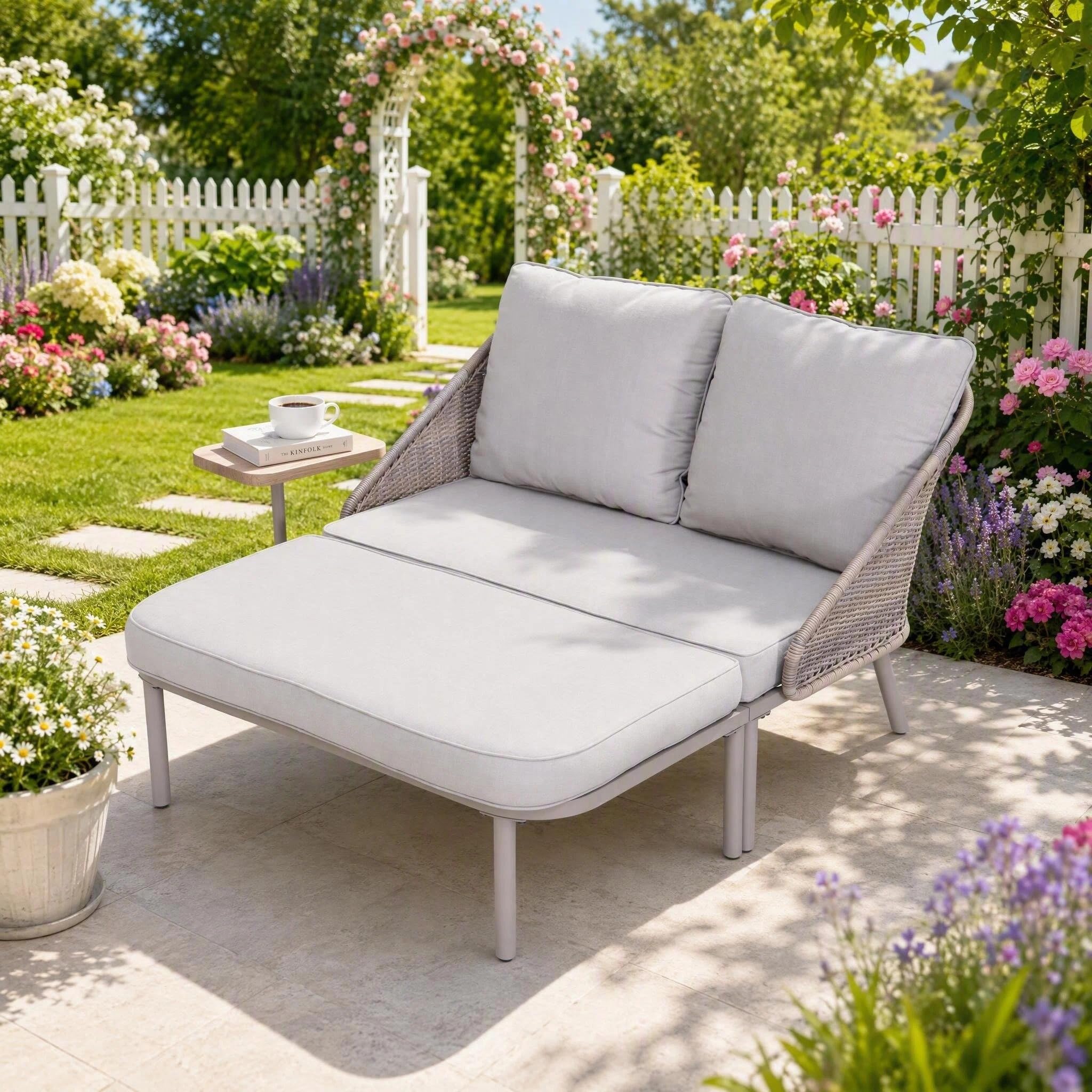Sunjoy Lit Baningue Double d'Extérieur, avec Plateaux Latéraux et Coussins, Dossier en Rotin, Structure Métallique, Ensemble Canapé pour Bord de Piscine, Jardin - Gris