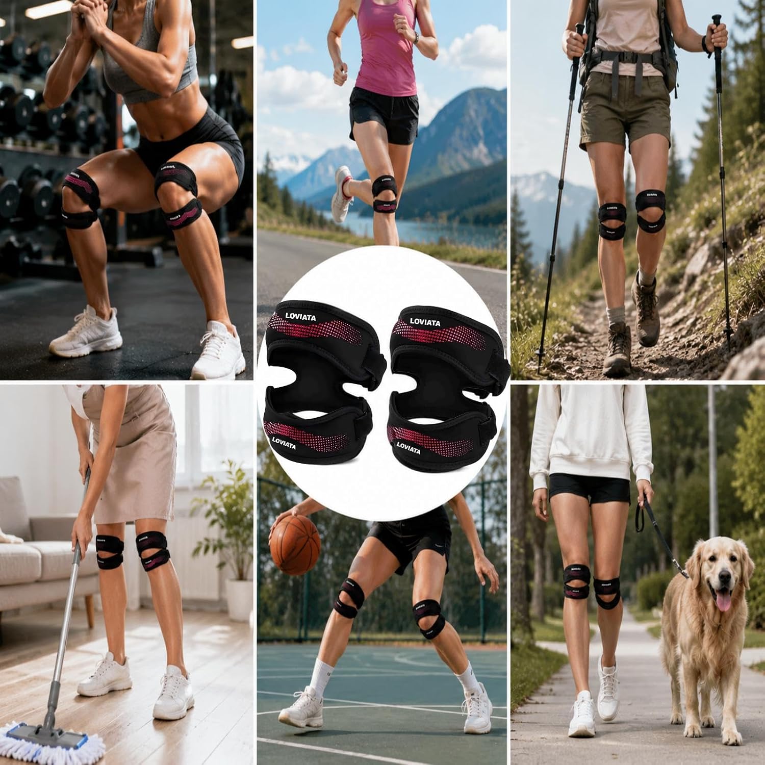 2 Pack Pink Dual Patella Knee Strap, Knee Pain Relief Support | Dual Compression Support, Shock-Absorbing Gel Pads, Adjustable Fit, Breathable Comfort, Knee Pain Relief, Sports Stability