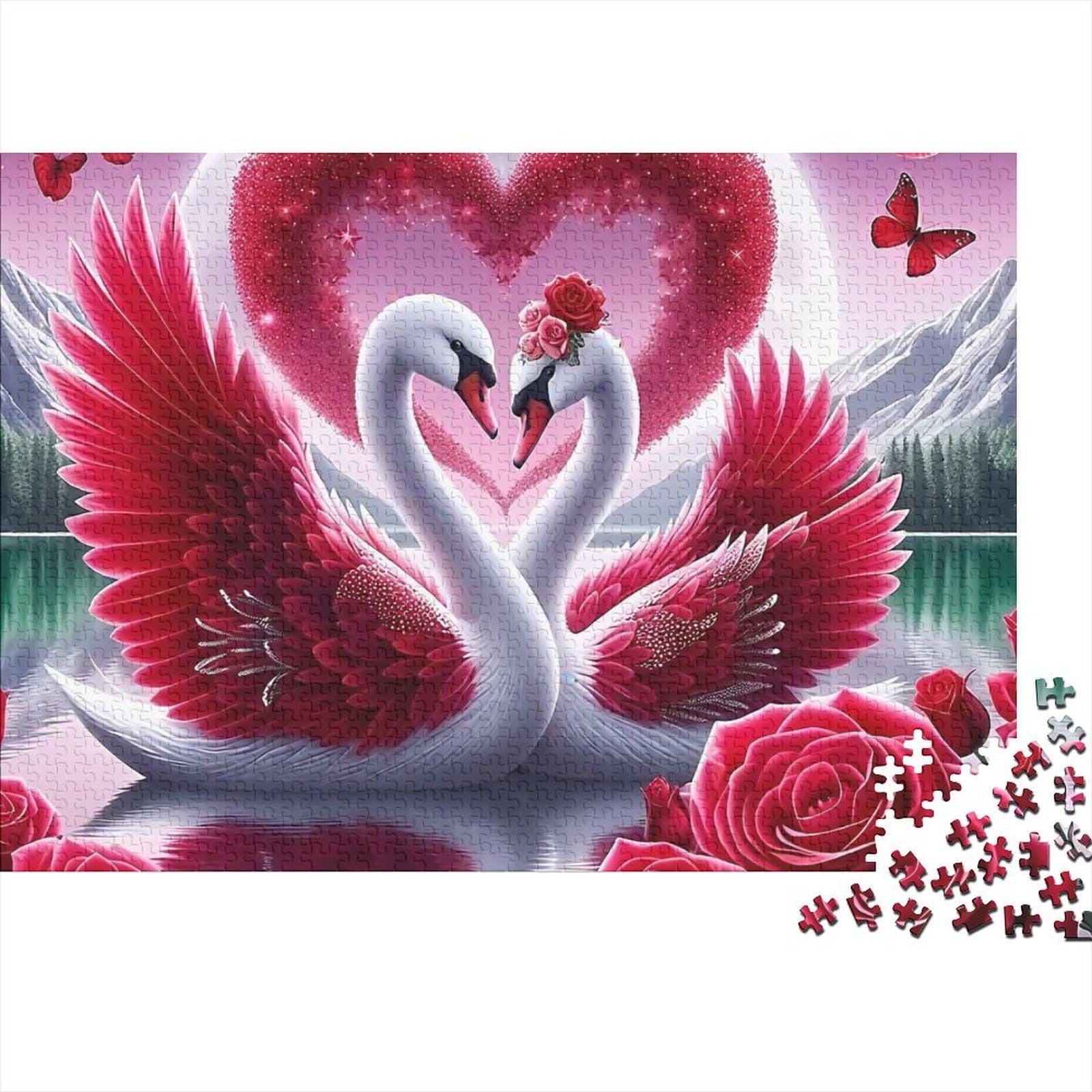 Romantic Swan Pair Jigsaw Puzzle 1000 Pieces Jigsaw Puzzle for Adults Heart Shaped Roses 70x50cm/1000pcs