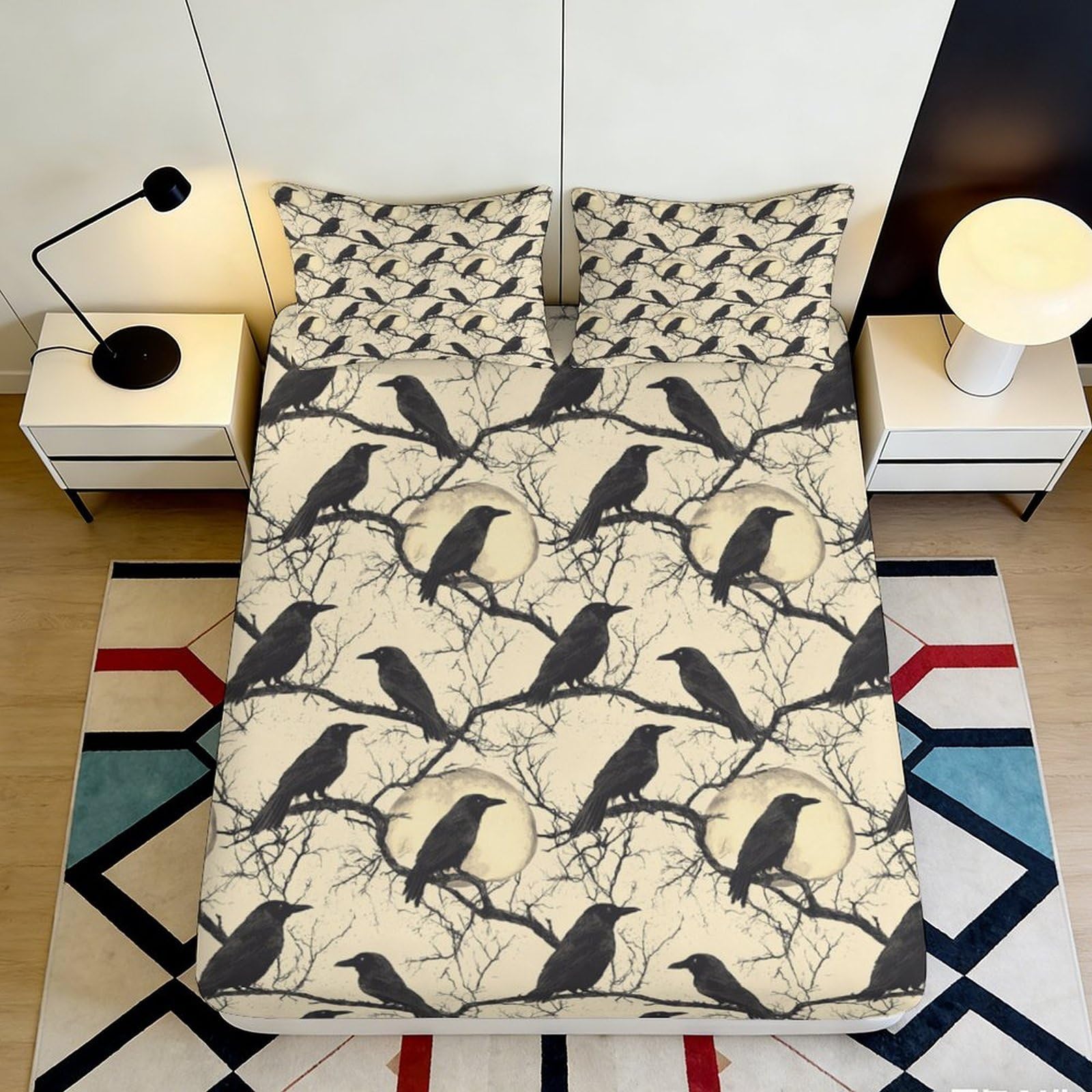 3D Printed Raven Pattern Fitted Sheet Microfiber Soft Breathable Crow Tree Mattress Cover for Bedroom Dormitory Guest Room Protection Decor 90x200x25cm