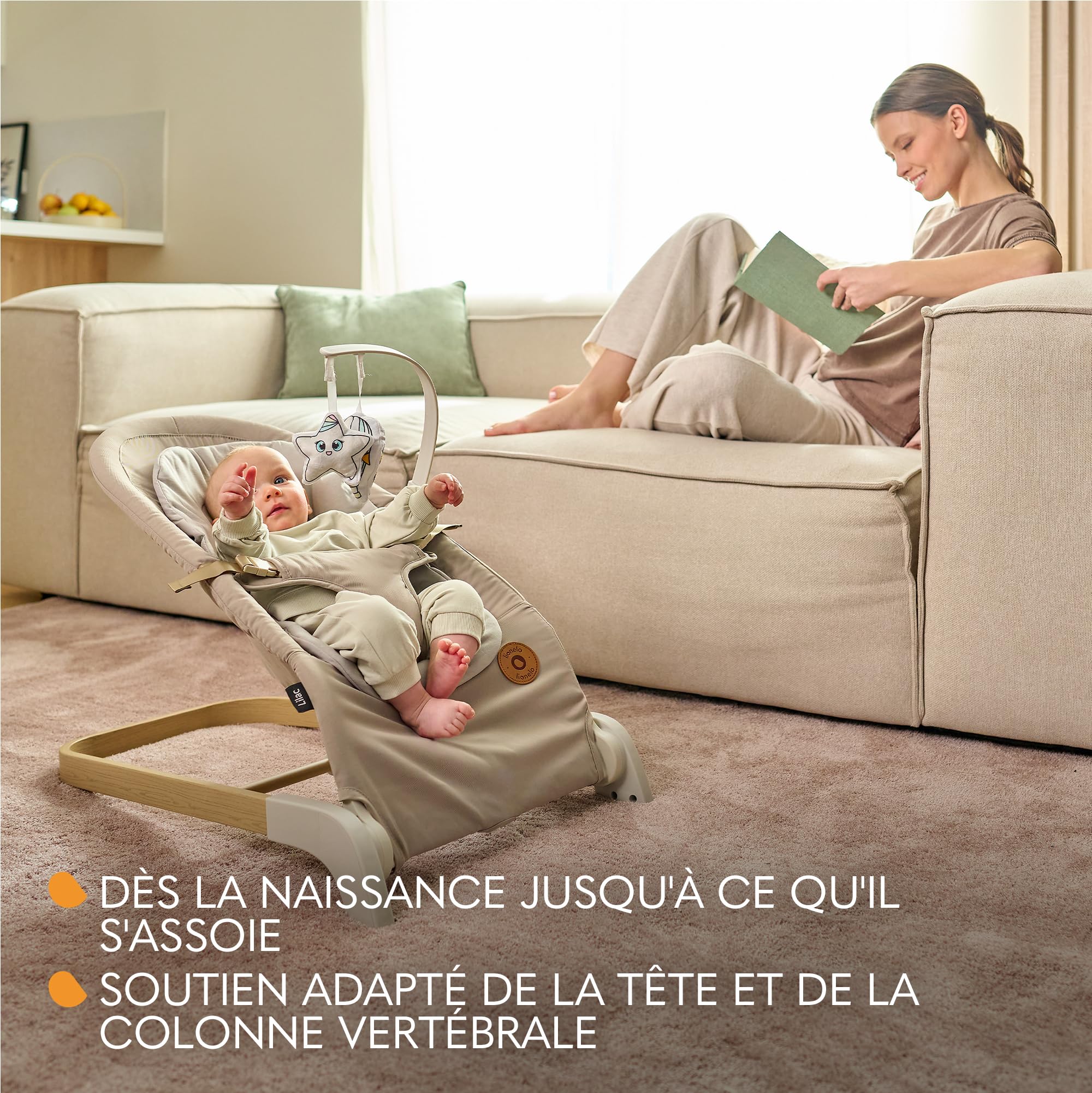 Transat enfant et balancelle LIONELO LILAC pour les bébés jusqu'à 9 kg de 0 à 6 mois, balancelle 2 en 1, 2 jouets, réglage d'inclinaison, harnais à 3 points, léger 3,2 kg, se plie à plat