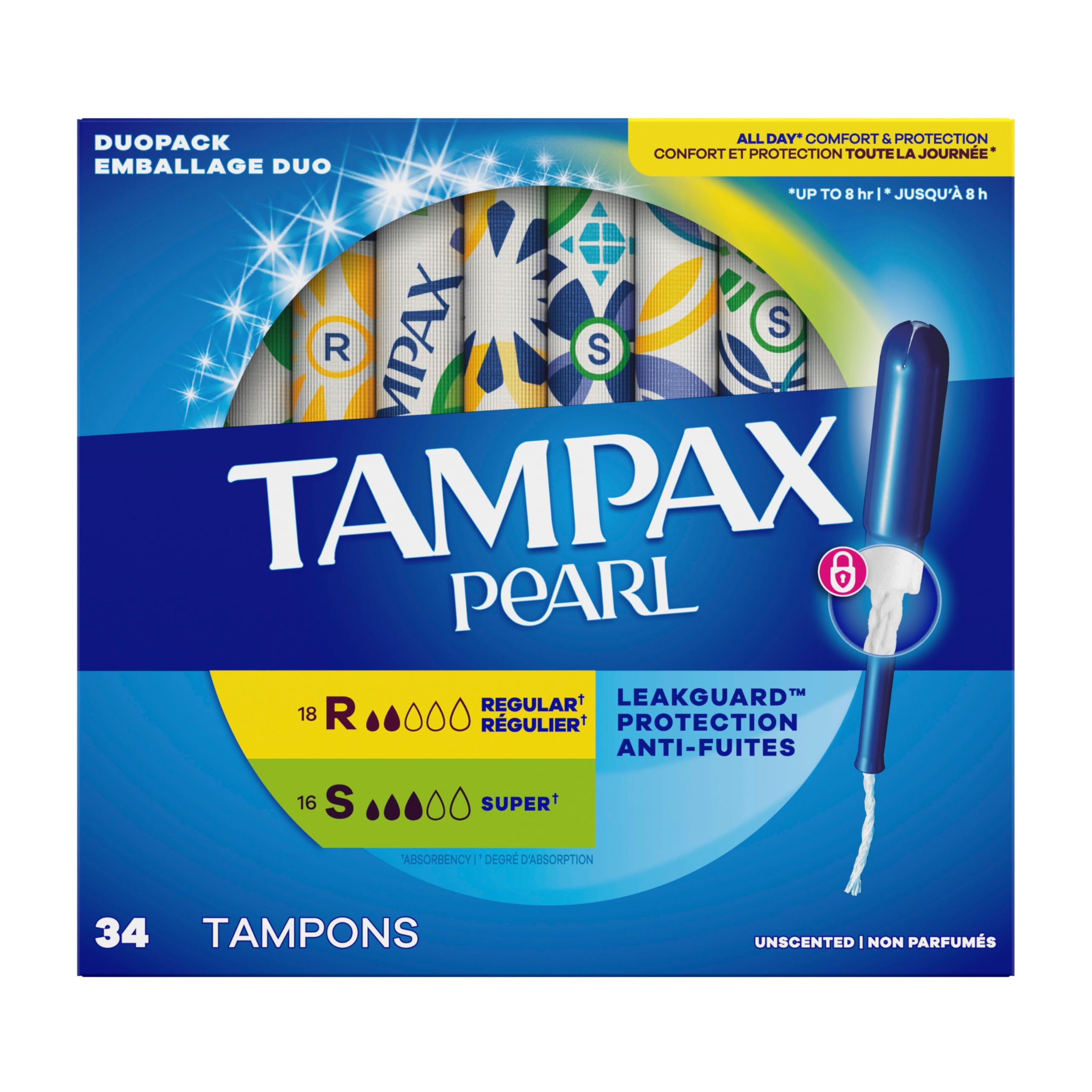 Tampax Pearl Tampons for Women Multipack, with LeakGuard Braid, Regular/Super Absorbency, Unscented, 34 Count