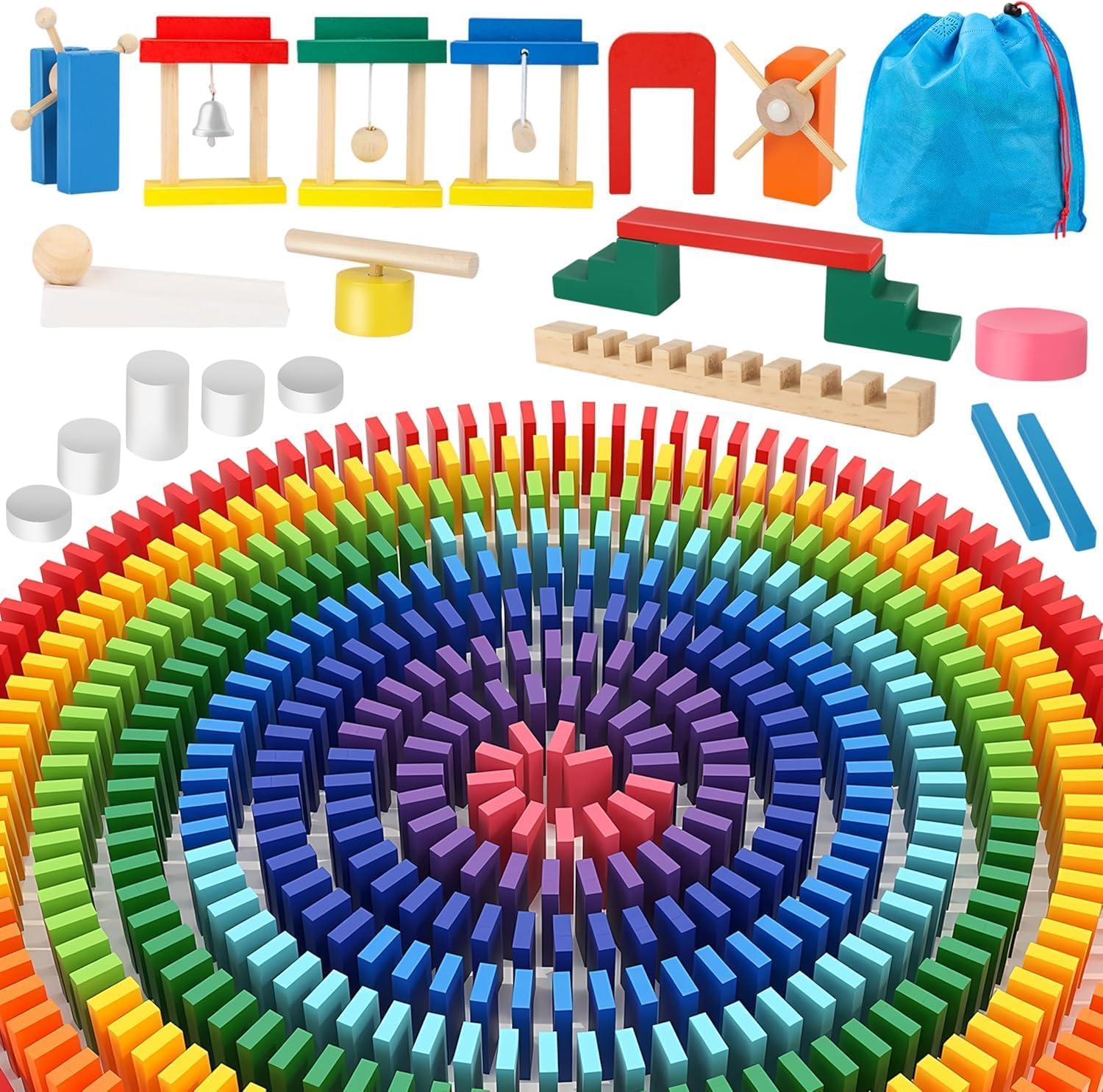 Herefun Domino Madera Juego de Bloques, Juego de Fichas de Dominó de Madera con Bolsa, 24 Bloques de Construcción, Juguete Educativo para Niños 3 4 5 (300)