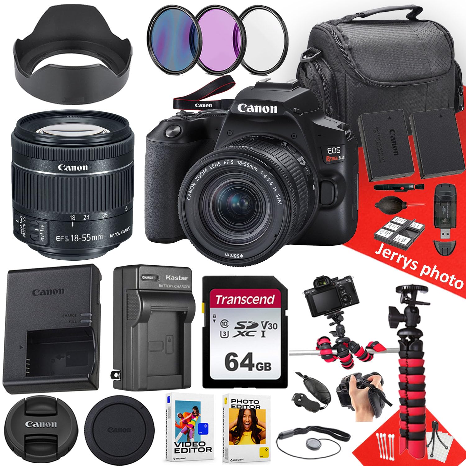 Canon EOS Rebel SL3 DSLR Camera with EF-S 18-55mm f/4-5.6 is STM Lens + 64 GB Memory + Hood + Extra Battery + Battery Charger + Filters + More (27pc Bundle) (Renewed)