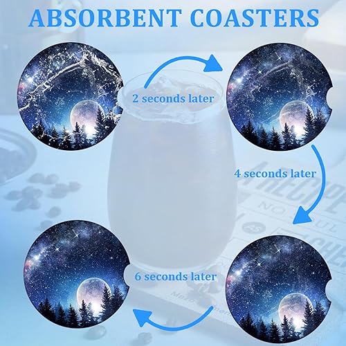 Miniatura 5 de Posavasos para automóvil, diseño de bosque de fantasía, luna llena, paquete de 2 para portavasos absorbentes, inserto antideslizante universal de