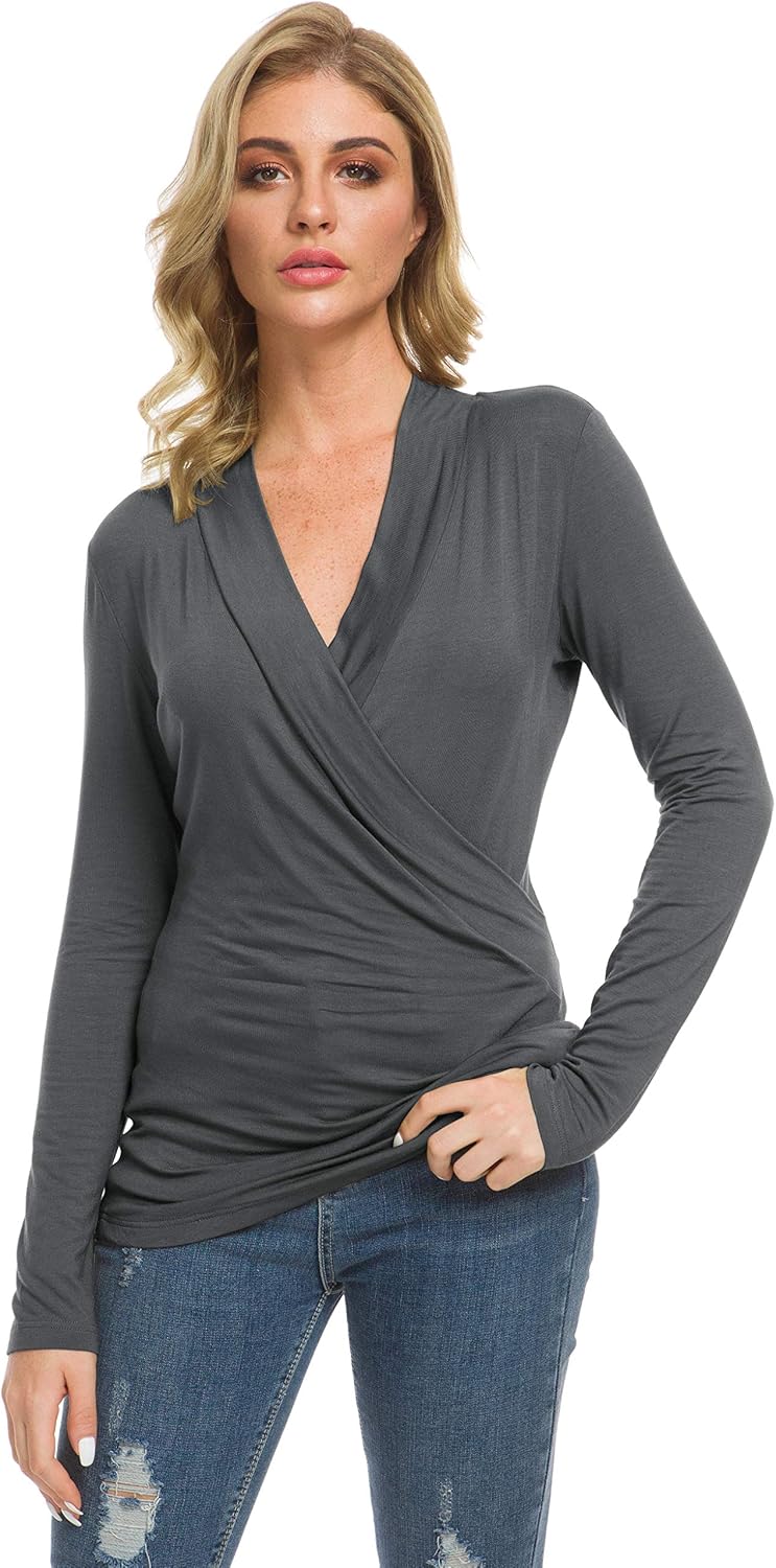 Afibi Womens Slim Fitted Deep V Neck Cross Wrap Top Long Sleeve T-Shirts - Image 3