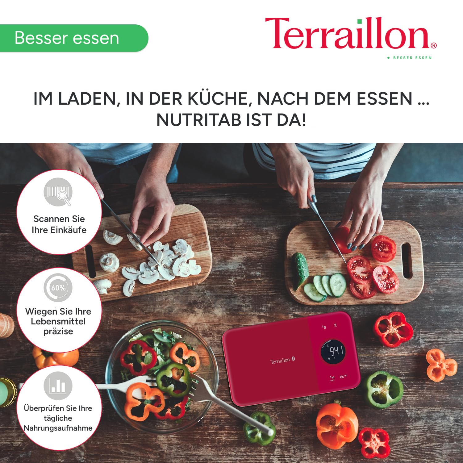 Terraillon Küchenwaage, Mit Smartphone/Tablet verbindbar, Berechnung der Energieaufnahme, Mit Tara-Funktion, Flüssigkeitsanzeige, Timer, Bluetooth Smart, 5 kg, NutriTab, Cranberry Rot