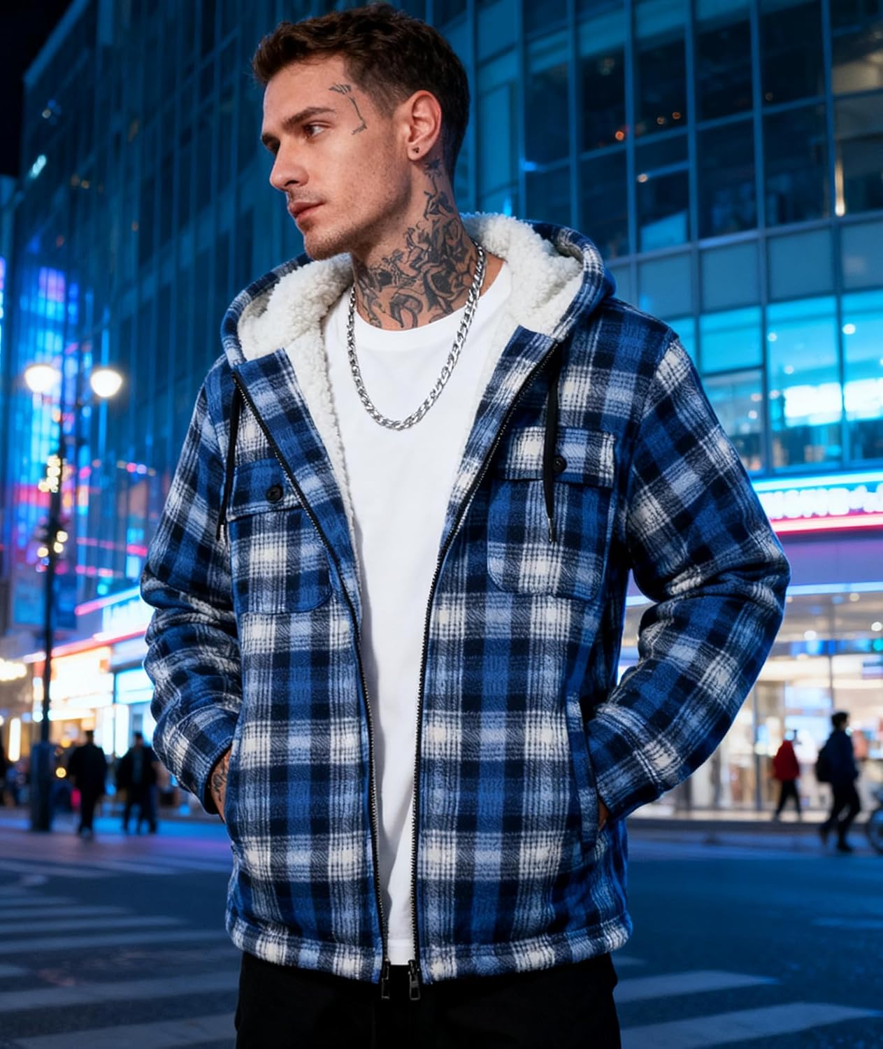 Mens Plaid Full Zip Hoodie Warm Flannel Shirt Jacket Fleece Lined Outerwear Coat with Hood - Image 2
