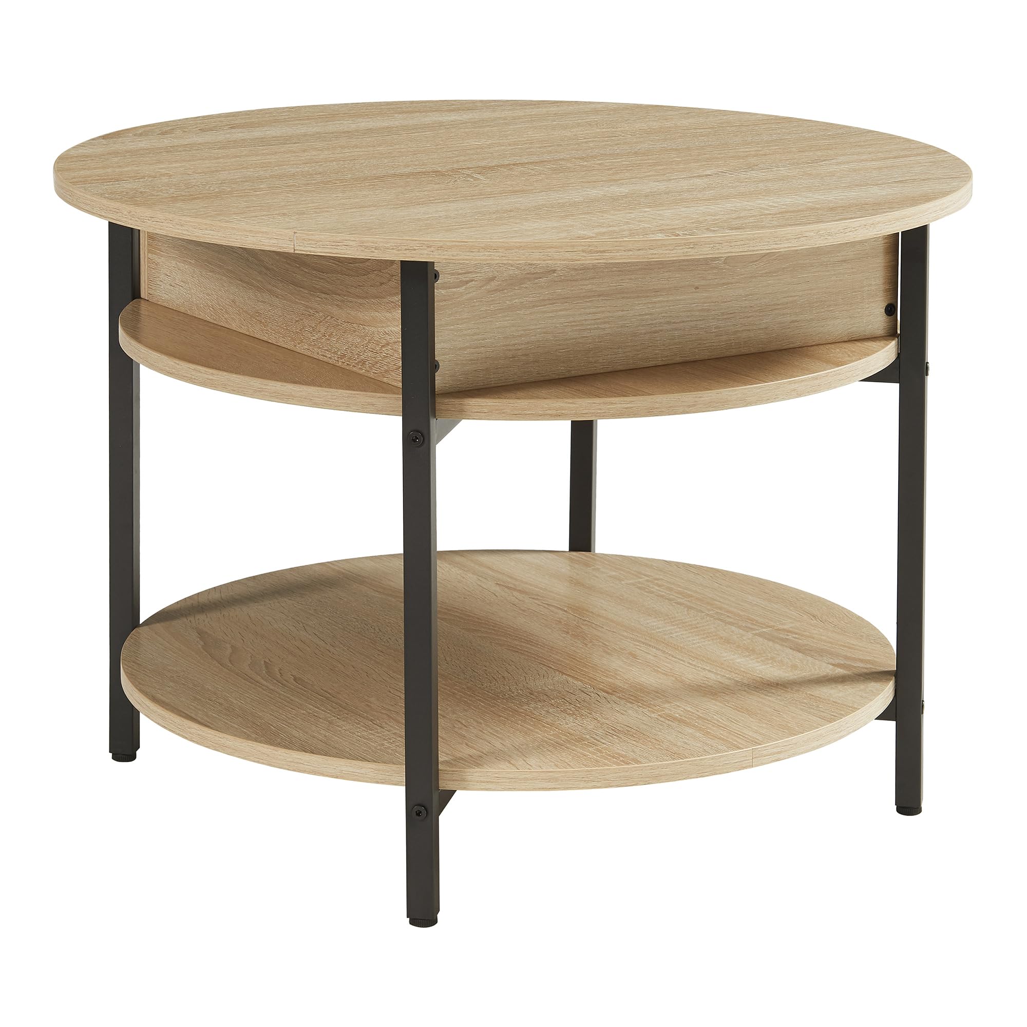 [en.casa] Mesa de Centro Kandas Mesa Baja Redonda con Tablero Elevable con Compartimento Interno y Estante Mueble Auxiliar Mesita para Salón 70 x 49 cm - Efecto Roble