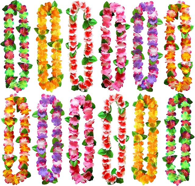 KEYIDO® 12 Pcs Hawaiian Garlands, Hawaii Leis, Flower Necklaces with Green Leaves for Tropical Luau Beach Theme Party Decorations Hawaiian Fancy Dress
