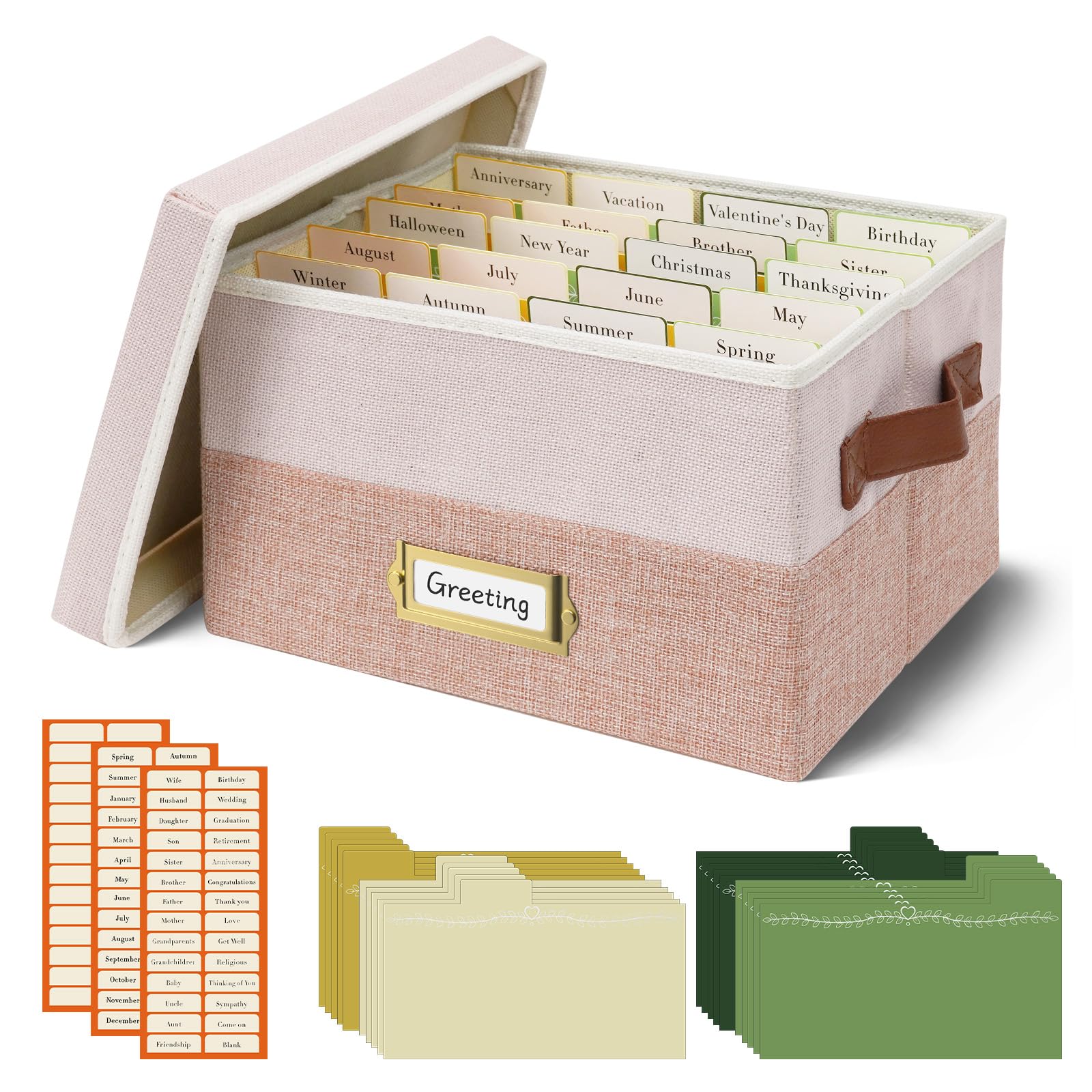 Vienrose Greeting Card Organizer Box with 20 Removable Dividers, 84 Labels, Large Capacity Foldable Storage Box for Photos, Postcards, Stickers & Keepsakes, Portable Linen Organizer, Pink&Lotus
