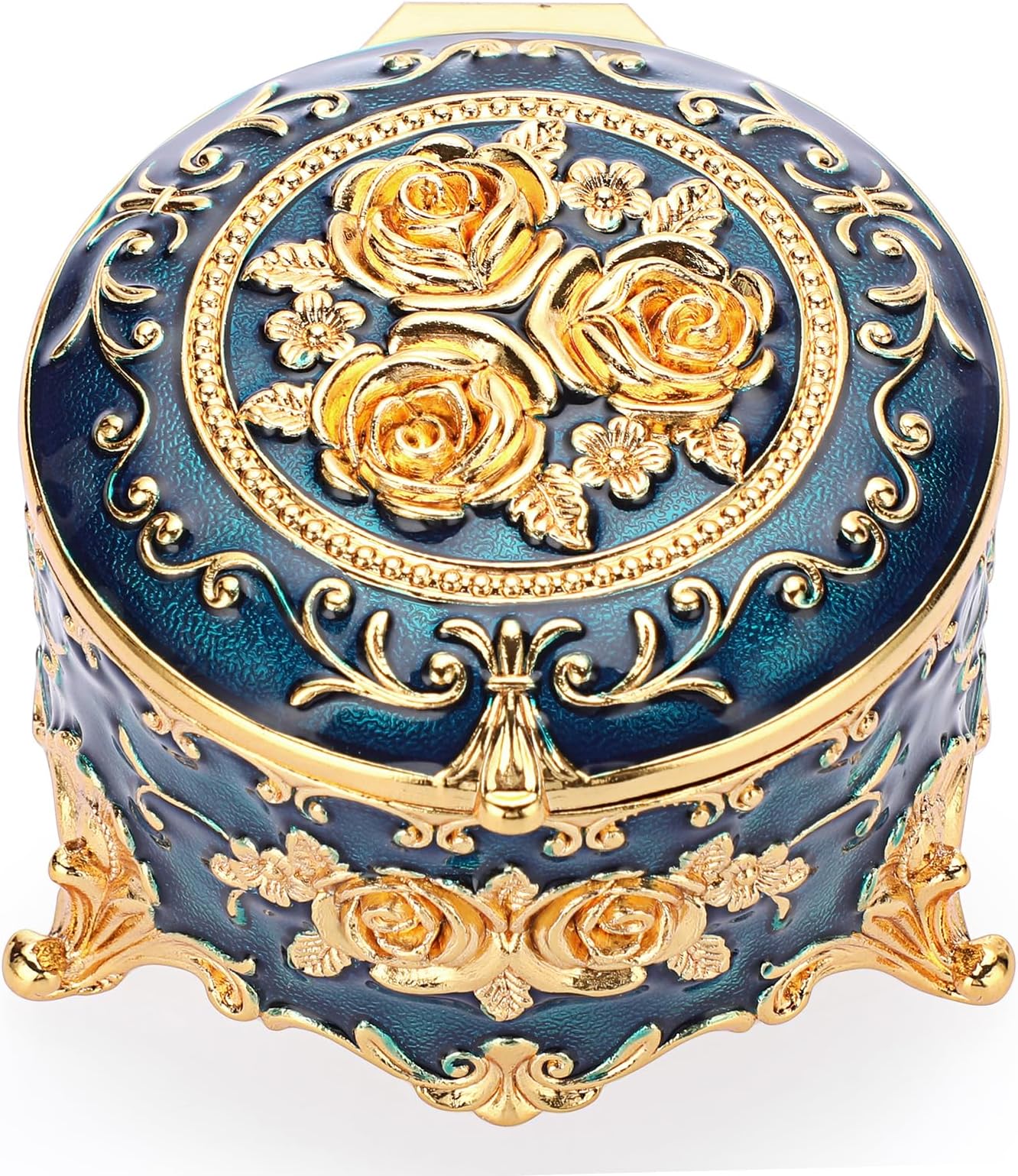Hipiwe Antique Metal Jewelry Box Ring Earring Treasure Chest Case Small Trinket Box Round Jewelry Display Box Necklace Organizer Wedding Birthday Gift Home Decor, 3x3x2.4 inch