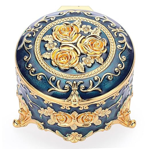 Hipiwe Antique Metal Jewelry Box Ring Earring Treasure Chest Case Small Trinket Box Round Jewelry Display Box Necklace Organizer Wedding Birthday Gift Home Decor, 3x3x2.4 inch