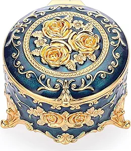 Hipiwe Antique Metal Jewelry Box Ring Earring Treasure Chest Case Small Trinket Box Round Jewelry Display Box Necklace Organizer Wedding Birthday Gift Home Decor, 3x3x2.4 inch