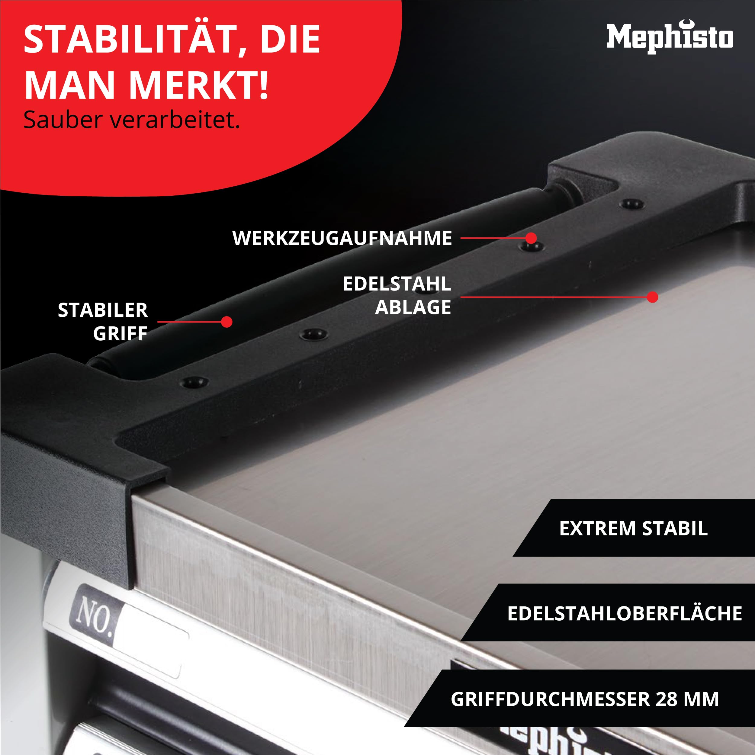 Mephisto Werkzeugwagen Werkstattwagen mit 9 Schubladen Davon 8 mit Werkzeug wie Schraubenschlüssel, Ratsche mit Nusskasten, Schraubendreher usw. in Soft Inlays in Carbonoptik gefüllte Schubladen