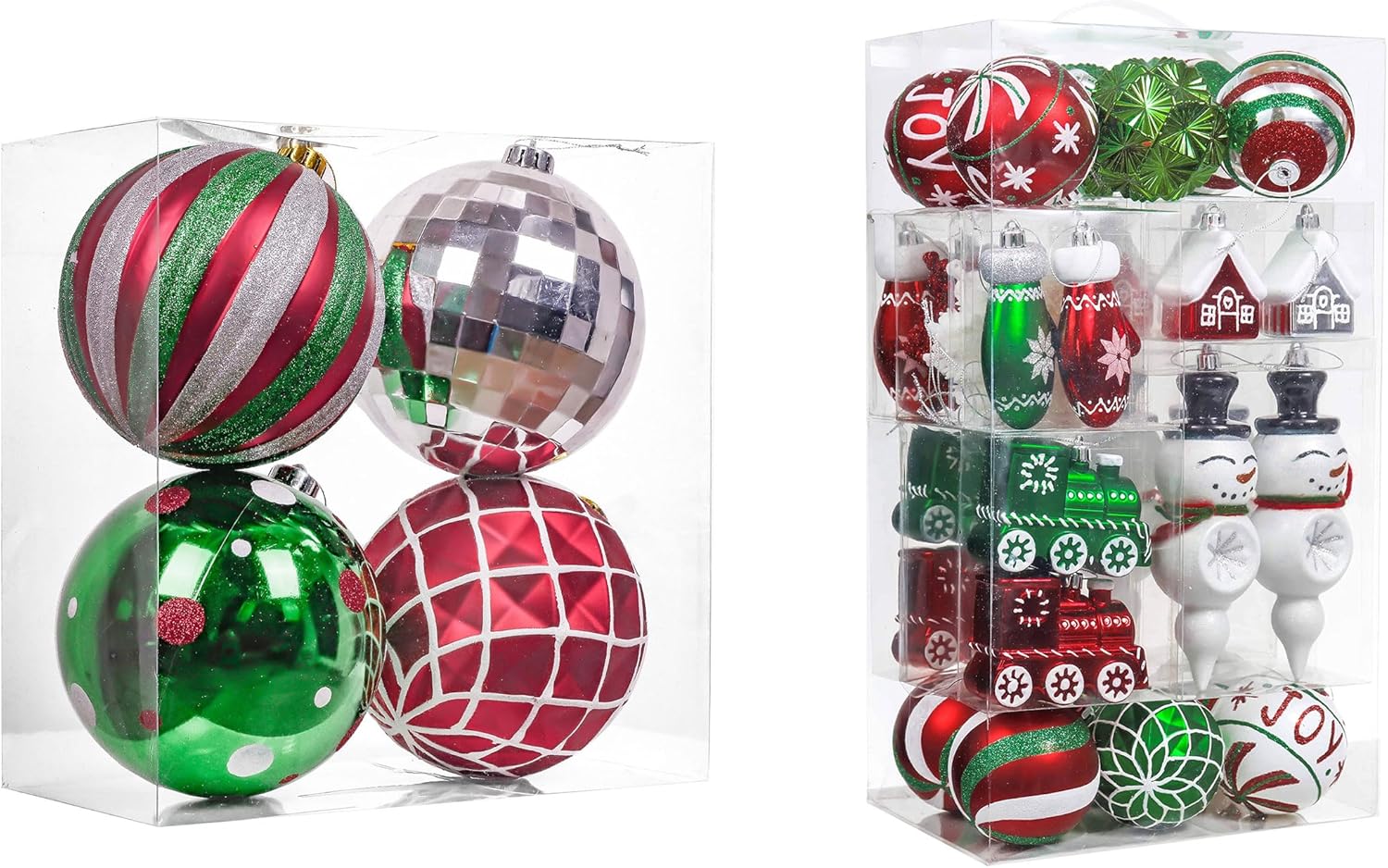 Valery Madelyn Christmas Ornaments Value Bundle(2 Items), 4ct & 100ct Red Green White Shatterproof Christmas Ball Ornaments Set, Decorative Hanging Ornament Bulk for Xmas Holiday Party Decor