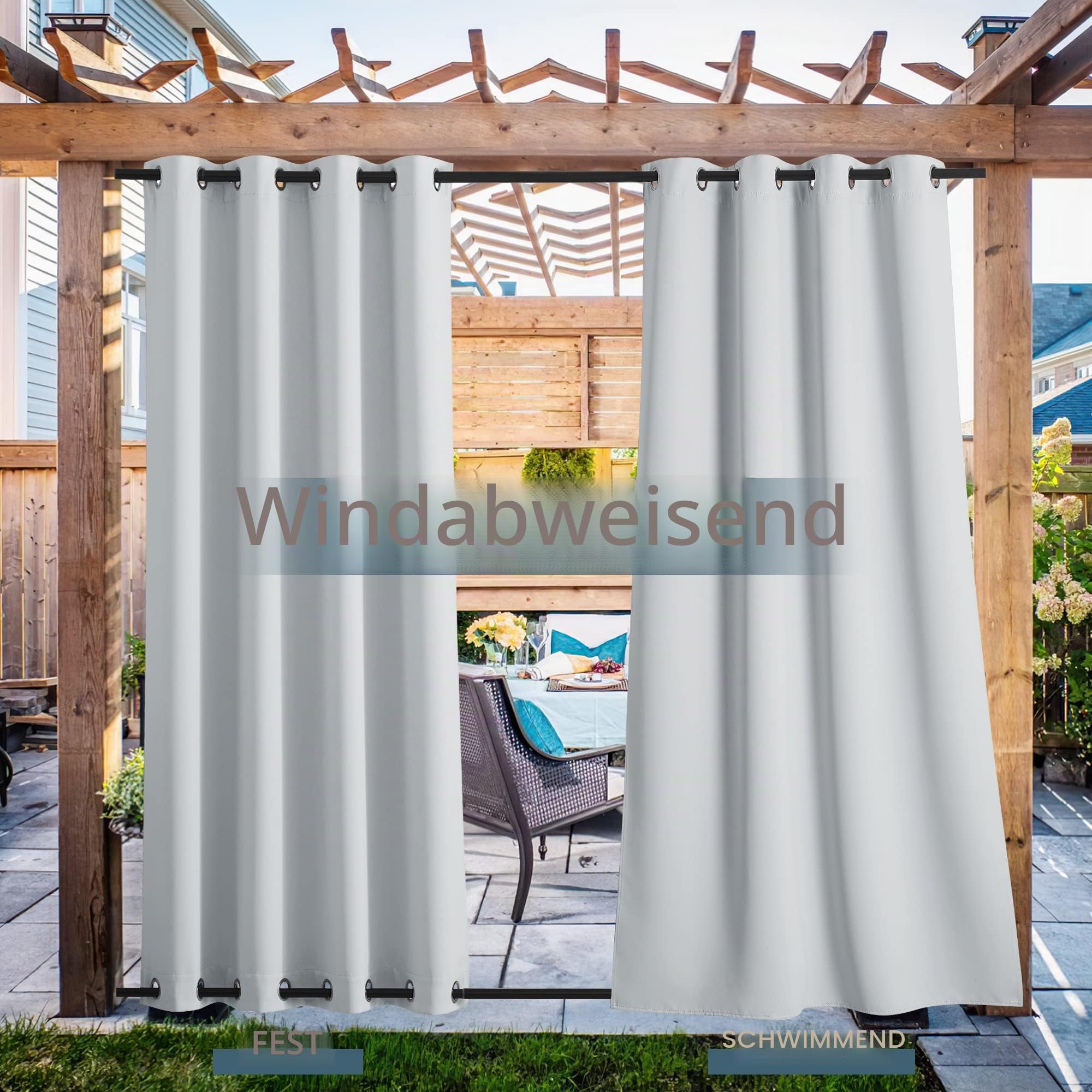 PONY DANCE Outdoorvorhang Wetterfest mit Ösen (Oben & Unten) 2er Set H 213 x B 132 cm Outdoor Vorhänge Wasserdicht Blickdichte Outdoor Gardinen für Pavillon & Terrasse, Grau-weiß