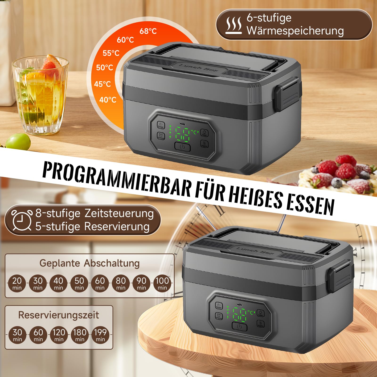 Elektrische Lunchbox 1,6 L 24000 mAh, herausnehmbar 304 Edelstahl-Behälter & Fächer, doppelter Auslaufschutz, Brotdose mit Zeitplanung & Terminfunktion, Typ-C Schnellladung, Isoliertasche Gabel Löffel