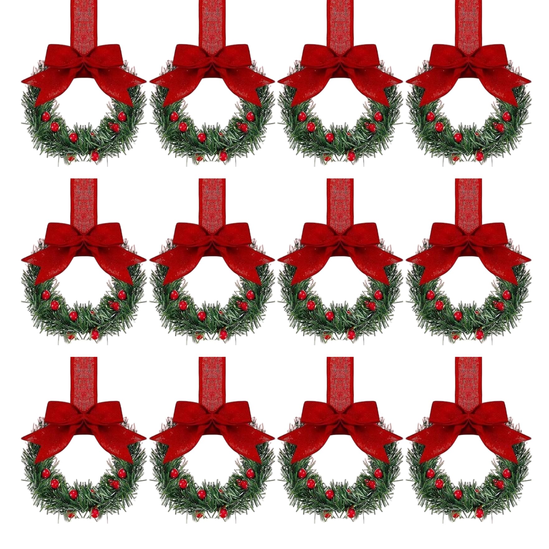 Petite Couronne de Noël de 6 Pouces en lot de 12 pièces avec ruban rouge et baies décoratives