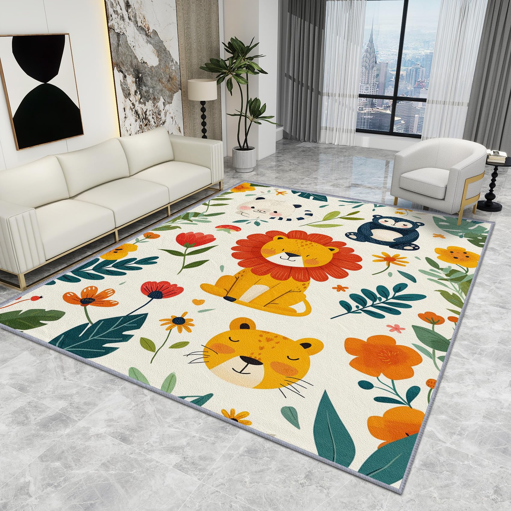 Safari Rug for Nursery - Safari Rug - Cute Cartoon Animal Leaf Rugs, Kids Playroom Baby Carpet, Washable Rug Non Slip Low Pile Soft Large Area Rugs, Safari Home Decor Gifts, 140 X 200 cm