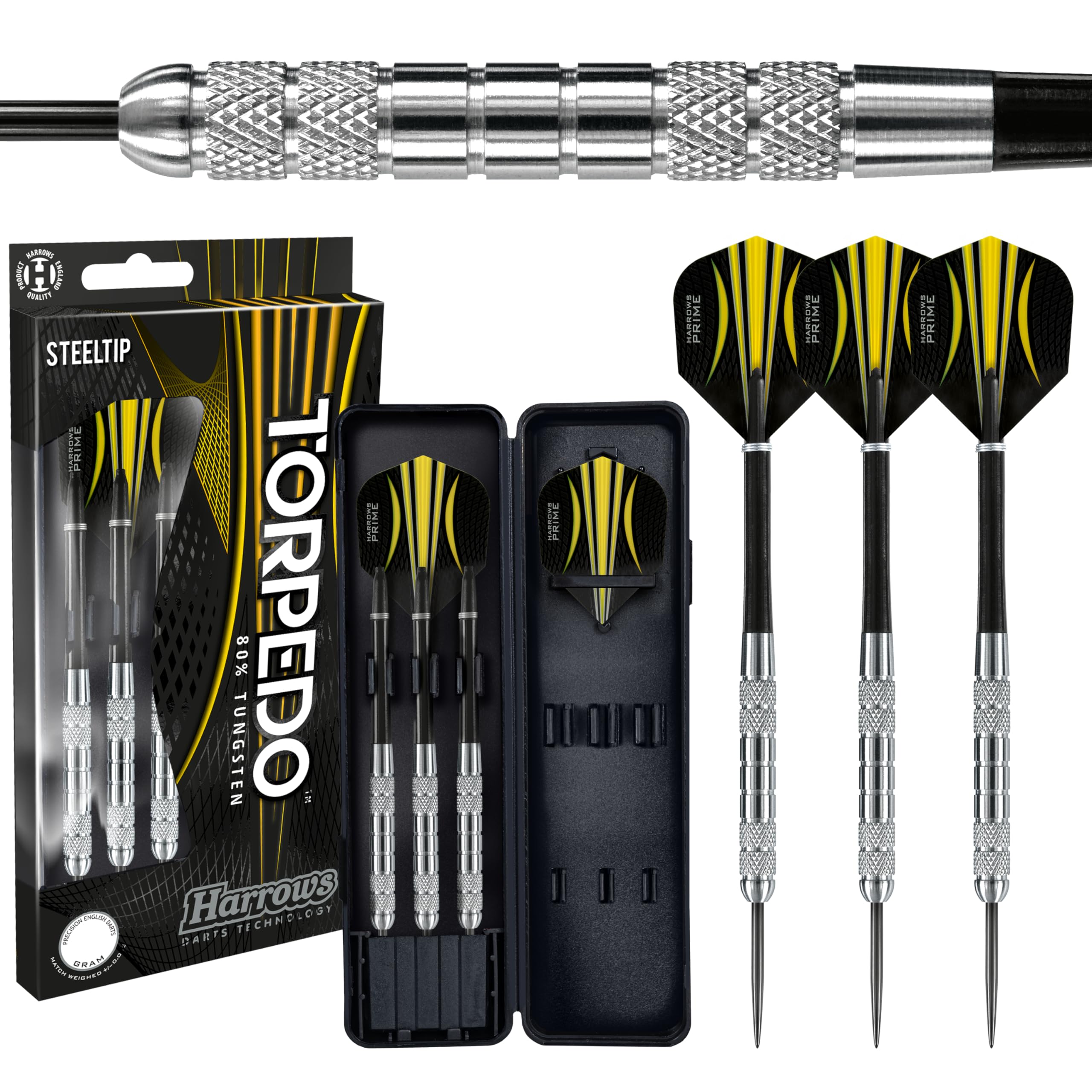 HarrowsTorpedo 80% Tungsten Steel Tip Dart Set 22g, 23g, 24g & 25g - Includes Nylon Shafts, Marathon Flights & Travel Case