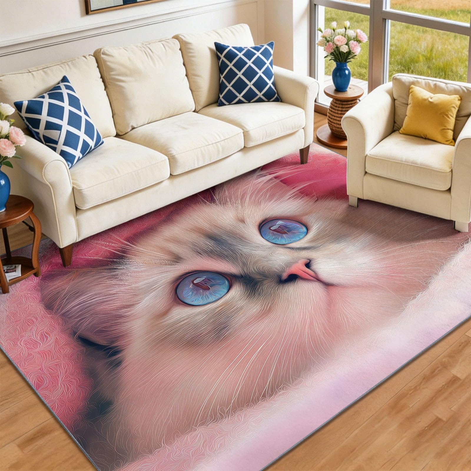 Dywan z motywem kota anime, nadaje się do prania w pralce, z efektem 3D, do salonu, sypialni, jadalni, 140 x 200 cm, miękki dywan do pokoju dziecięcego, różowy