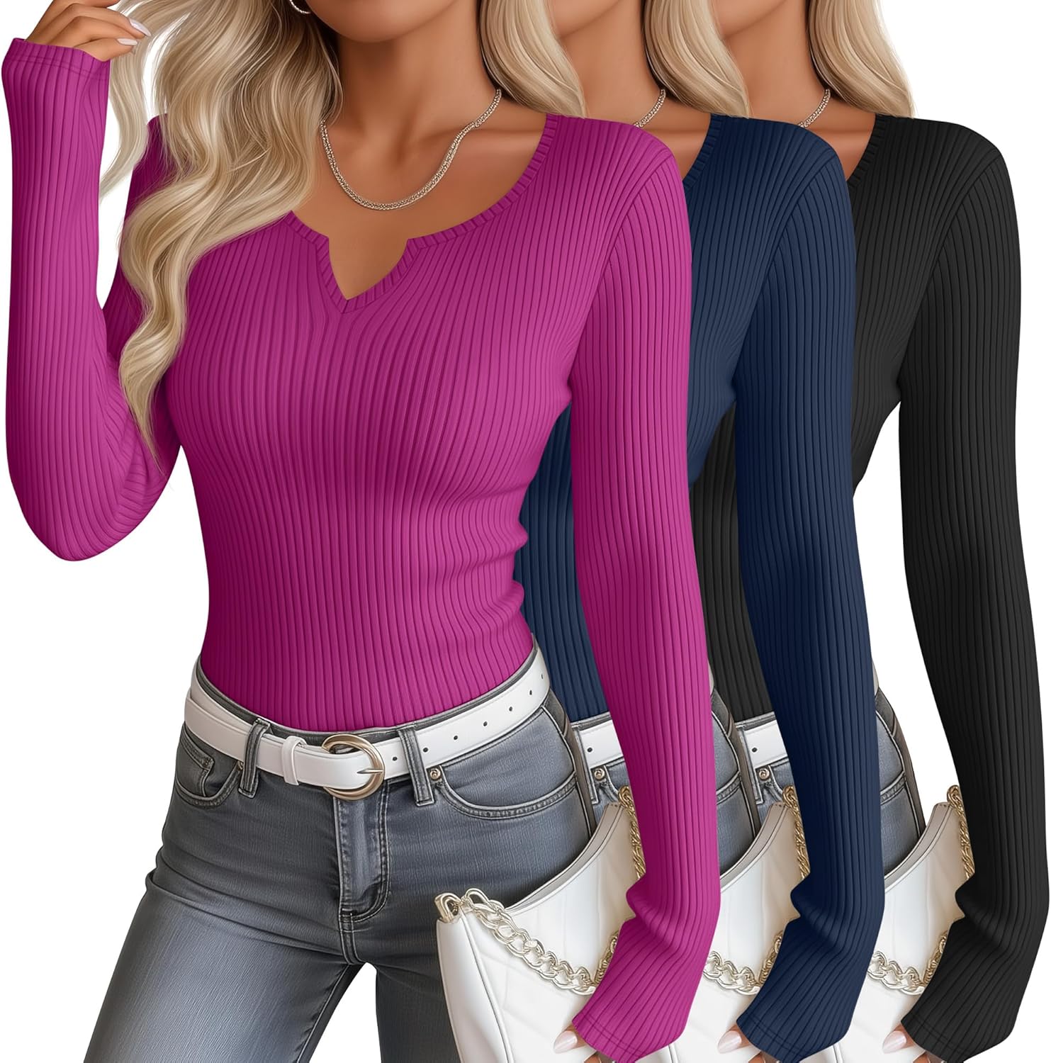 3 Pack Women's Long Sleeve Shirts Cotton Ribbed Scoop Neck Vnotch Tops Slim Low Cut Stretch Basic Tees