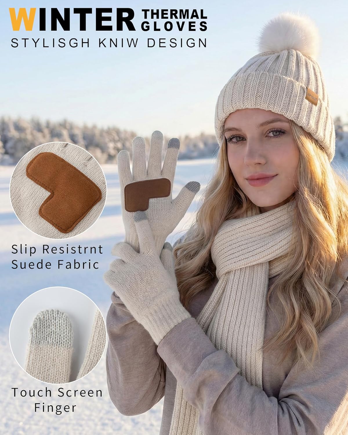 Womens 4Pcs Beanie Scarf Gloves Headband Set Fleece Lined Beanie & Headband Earmuff, Scarf and Touchscreen Gloves - Image 4