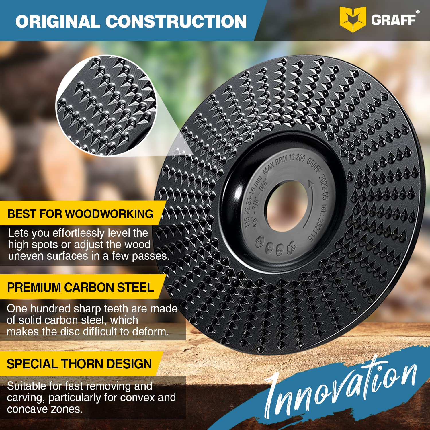 GRAFF Premium Wood Carving Disc 4 1/2 Inch for Angle Grinder – Shaping and Grinding Wheel for Wood, Softwood, Hardwood – Woodworking Angle Grinder Attachment with 7/8" – 5/8" Arbor