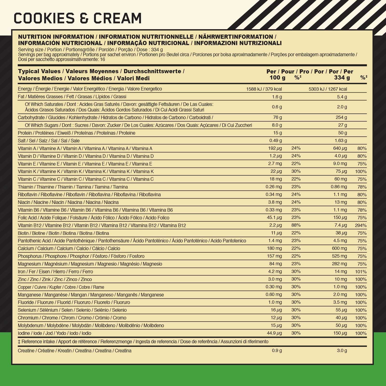 Optimum Nutrition Serious Mass Proteína de suero de leche en polvo para la masa muscular con creatina glutamina y vitaminas galletas y crema 2,73 kg 8 porciones + Shaker