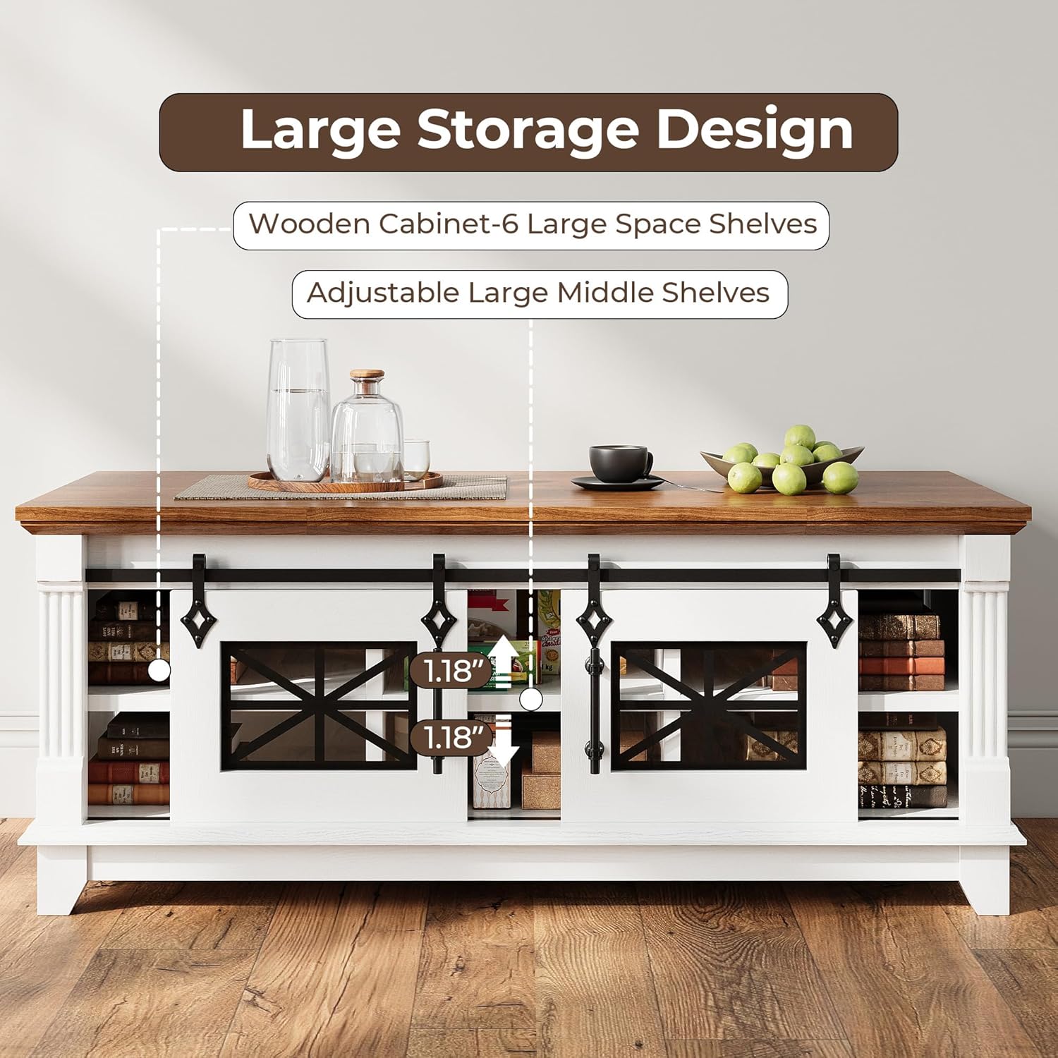 IRONCK 48'' Coffee Table with Sliding Barn Doors, Rustic Center Table with 6 Large Storage Space, Glass Doors and Adjustable Middle Shelf, Farmhouse Coffee Tables for Living Room, White