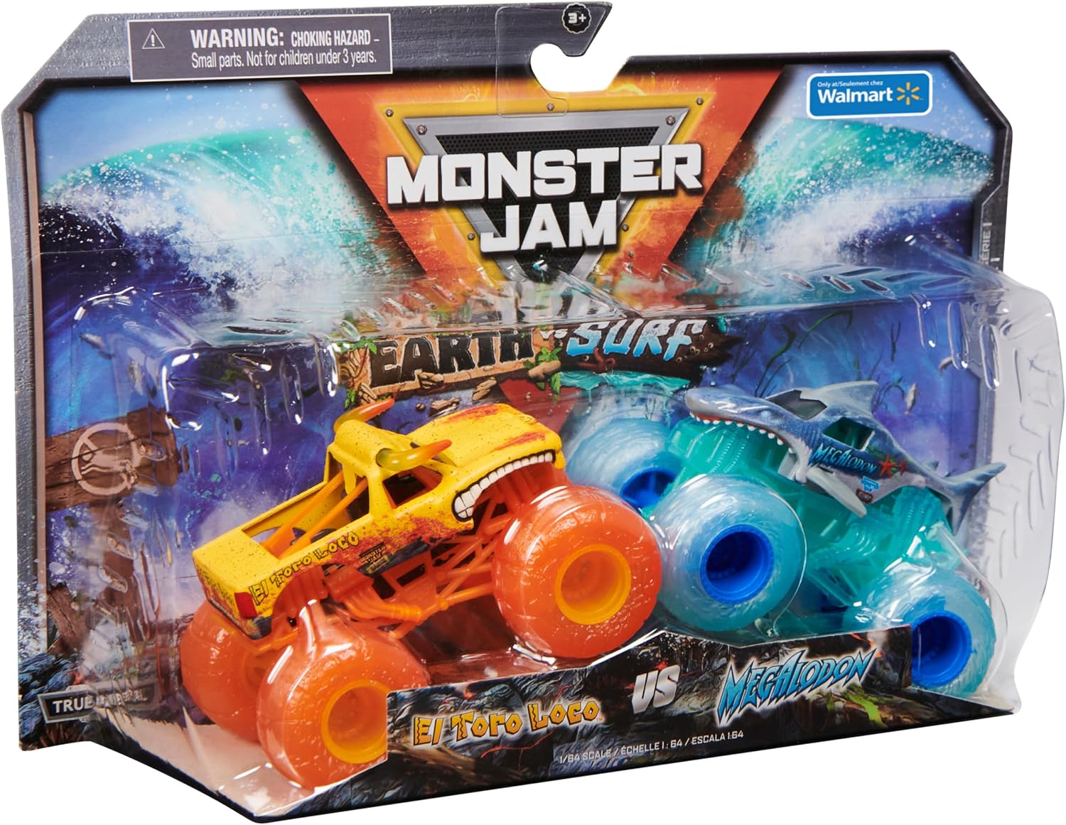 Monster Jam, Official El Toro Loco Earth Vs. Megalodon Surf 1:64 Scale Die-Cast Monster Trucks (Walmart Exclusive), Kids Toys for Boys Ages 3 and up
