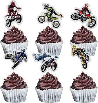 MEFENG 18Pcs Dirt Bike Cupcake Topers - Extreme Motocross Cupcake Decorations - Happy Birthday Cake Picks for Motorcycle Lover - Dirt Bike Party Decorations   