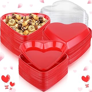 Valentine's Heart Shaped Serving Tray Platter Plastic Red Heart Disposable Plates Valentines Day Dessert Plates Snack Tray with Clear Lids for Valentine Birthday Party Table Decoration Dinner (50 Set)