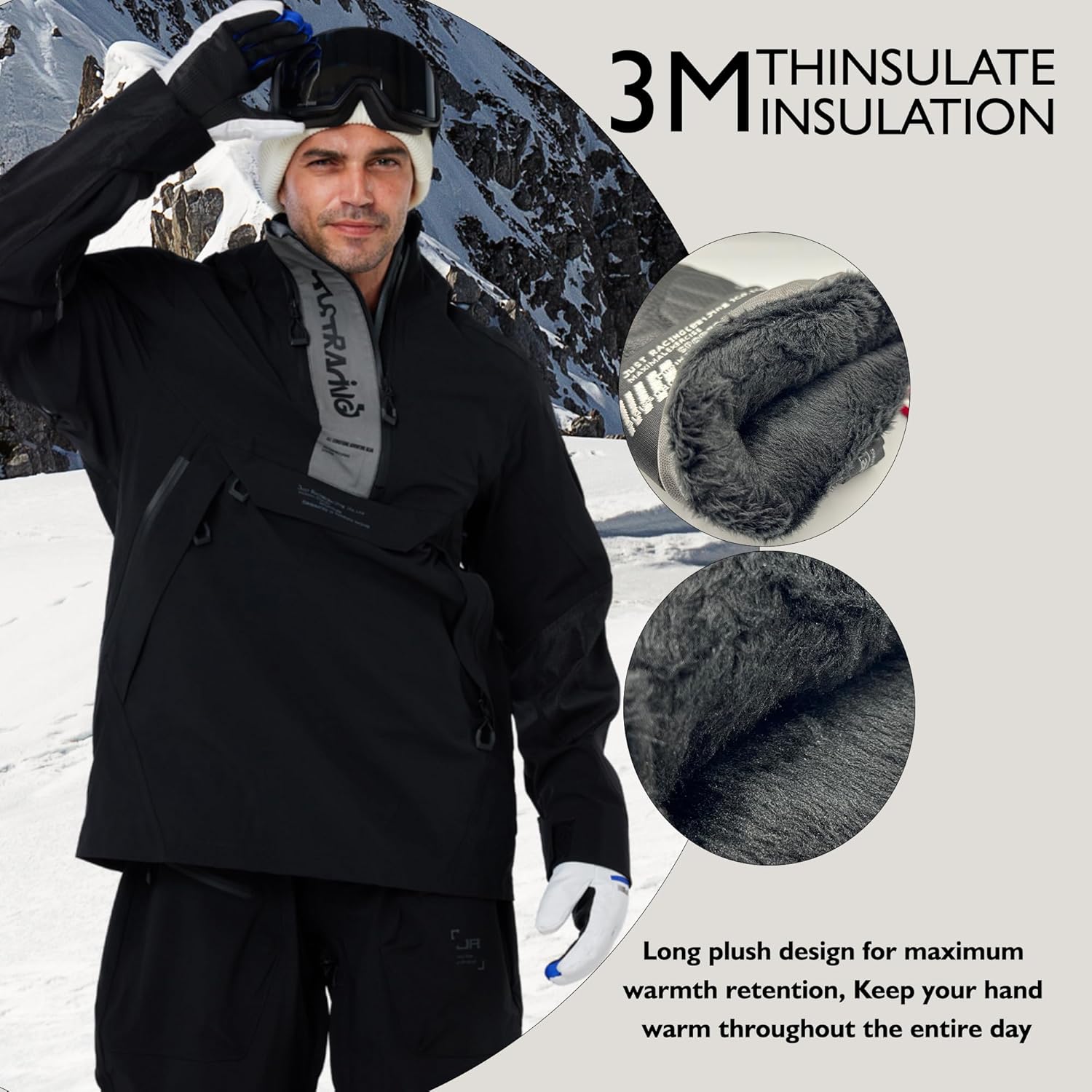 Waterproof Ski Gloves Women & Men with Quadruple Layer Protection, Thinsulate Insulation & EVA Anti-Collision, Breathable & Warm, Snow Stopper Wristband, Anti-Lost Rope & Zippered Pockets