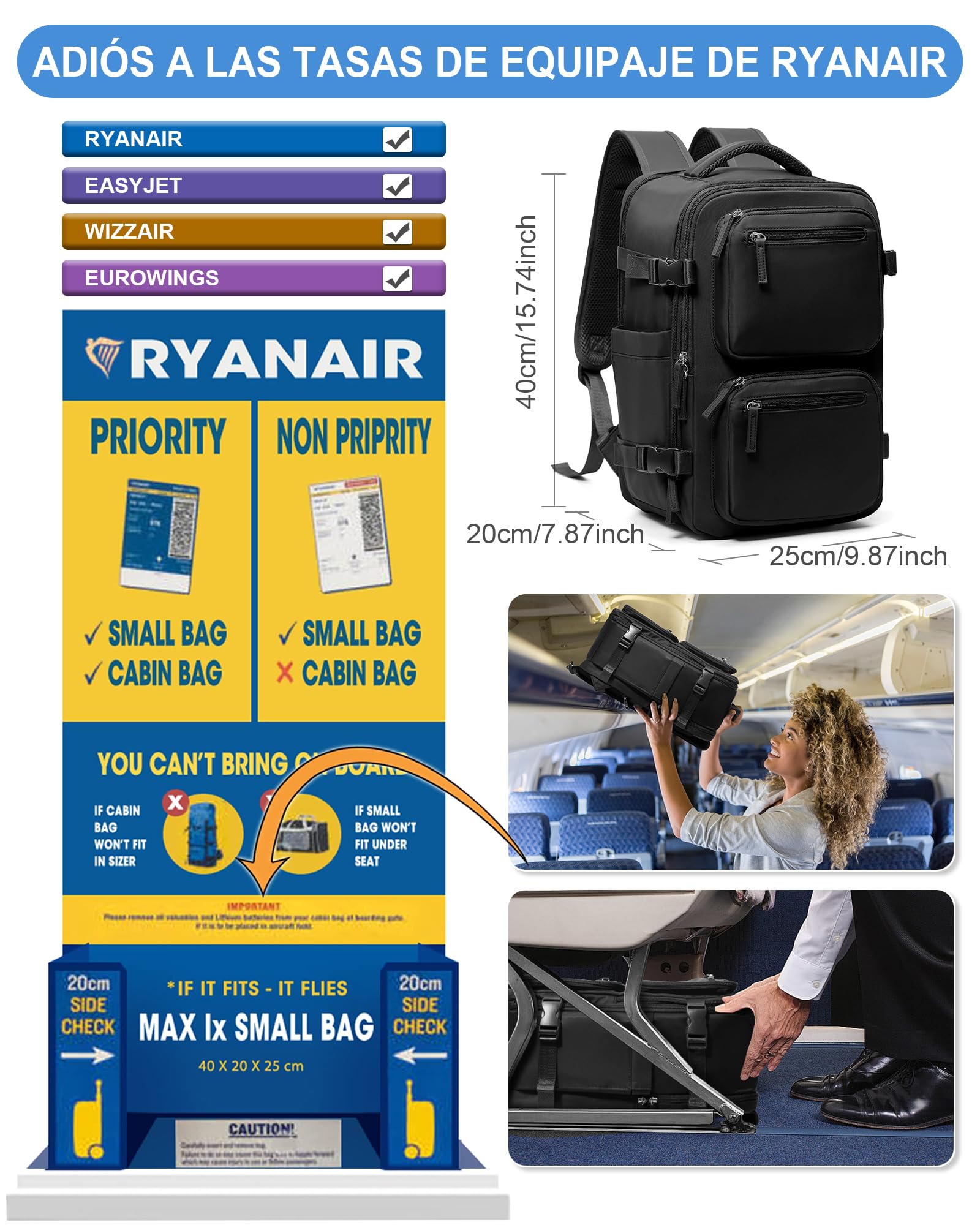 suradar Mochila al Vacío Mochila Viaje Cabina Avion 40x20x25 Ryanair Mochilas Vacio con Bomba para Hombre y Mujer con Sistema de Compresion Negro