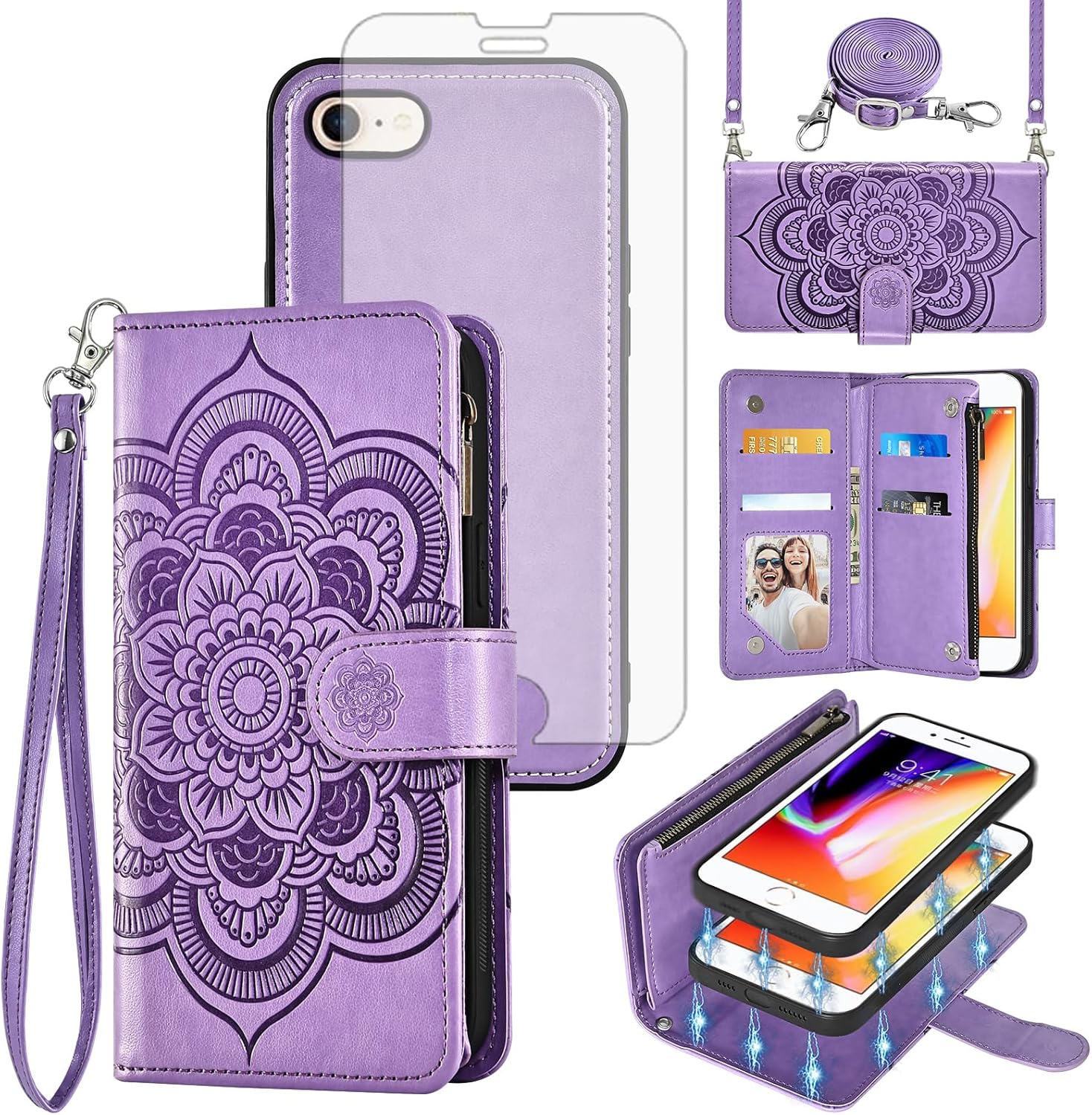 Phone Case for iPhone 7/8/SE 2020/2022 Zipper Wallet Cell Cover with Screen Protector Strap Flower Card Holder iPhone7 iPhone8 7s 8s i SE2020 SE2022 2/2nd/3/3rd Generation SE2 SE3 7SE 8SE Women Purple