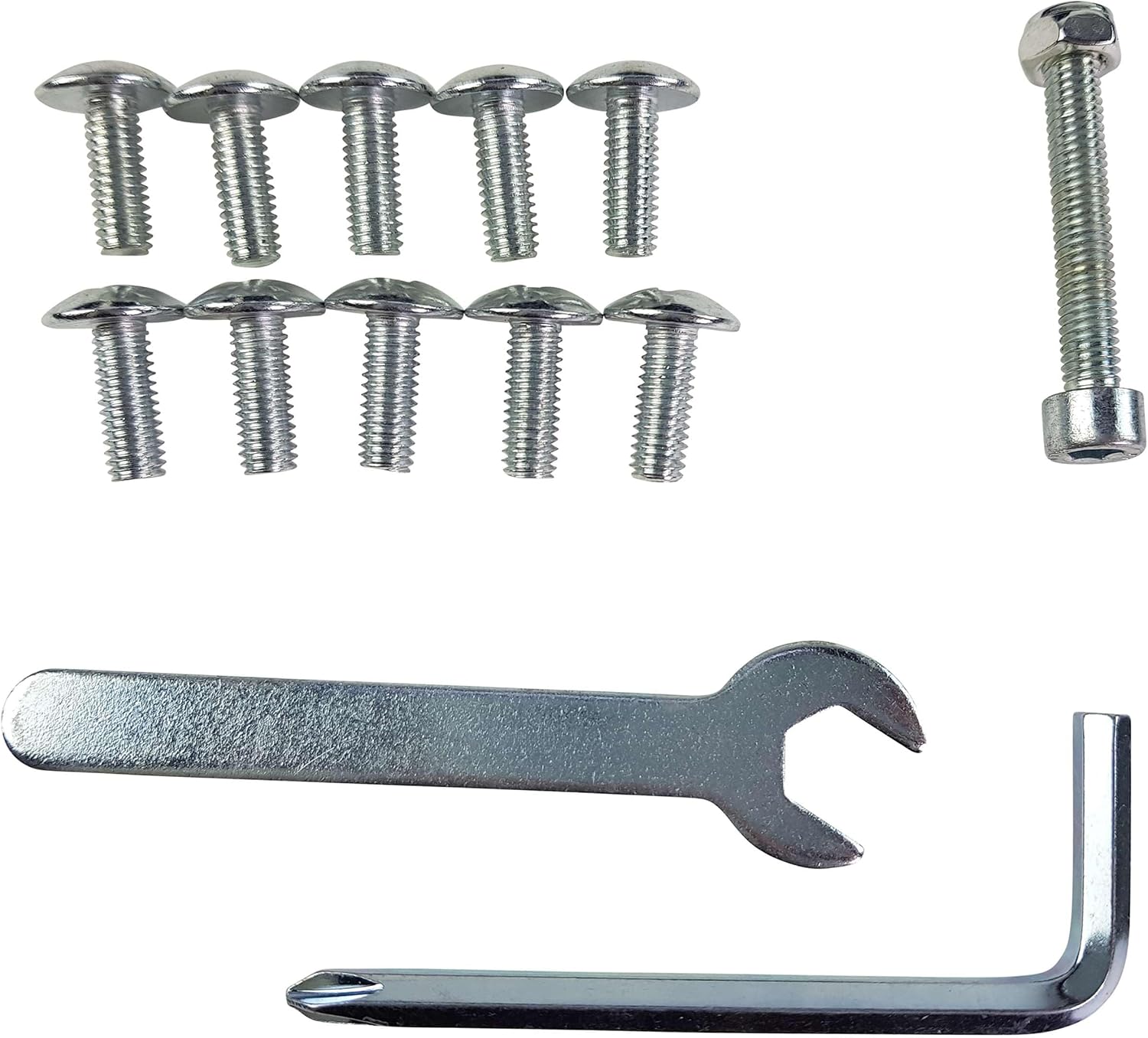 Close-up of the hardware kit including various screws, a wrench, and an Allen key.