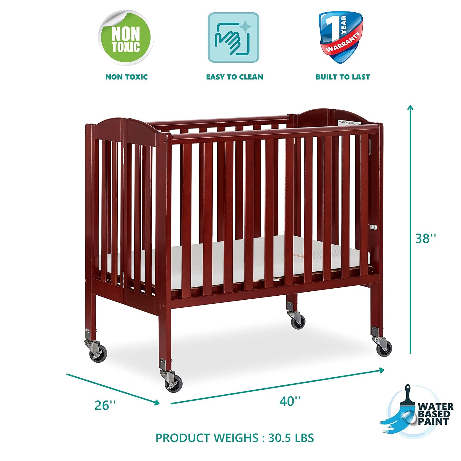 Dream On Me 2 in 1 Portable Folding Stationary Side Crib in Cherry, Greenguard Gold Certified , 2 Piece Set