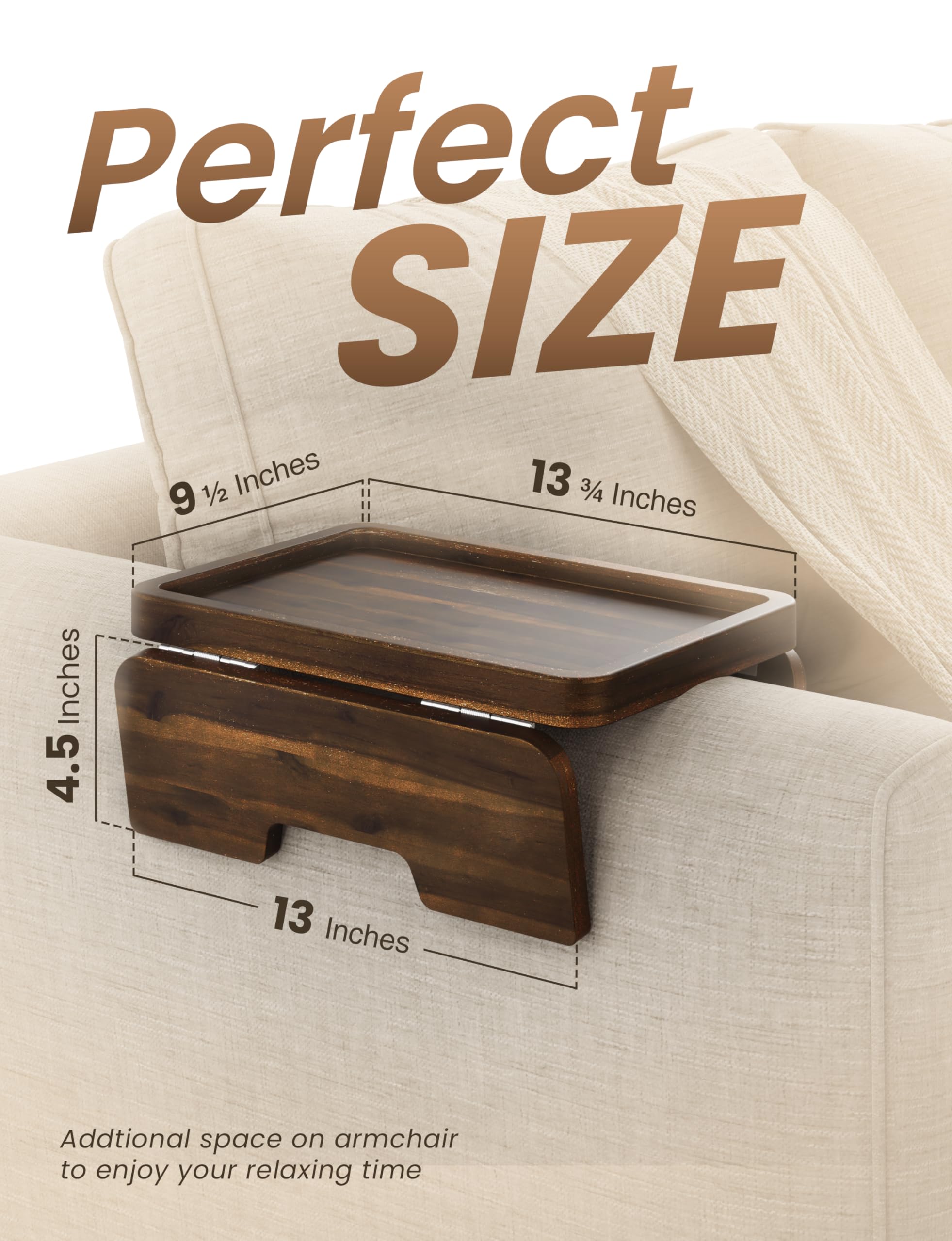 HOLANA Bandeja para reposabrazos de sofá de madera de acacia, doble bisagra, clip de mesa, mesa para reposabrazos de sofá, mesas auxiliares de madera para espacios pequeños para comer y beber